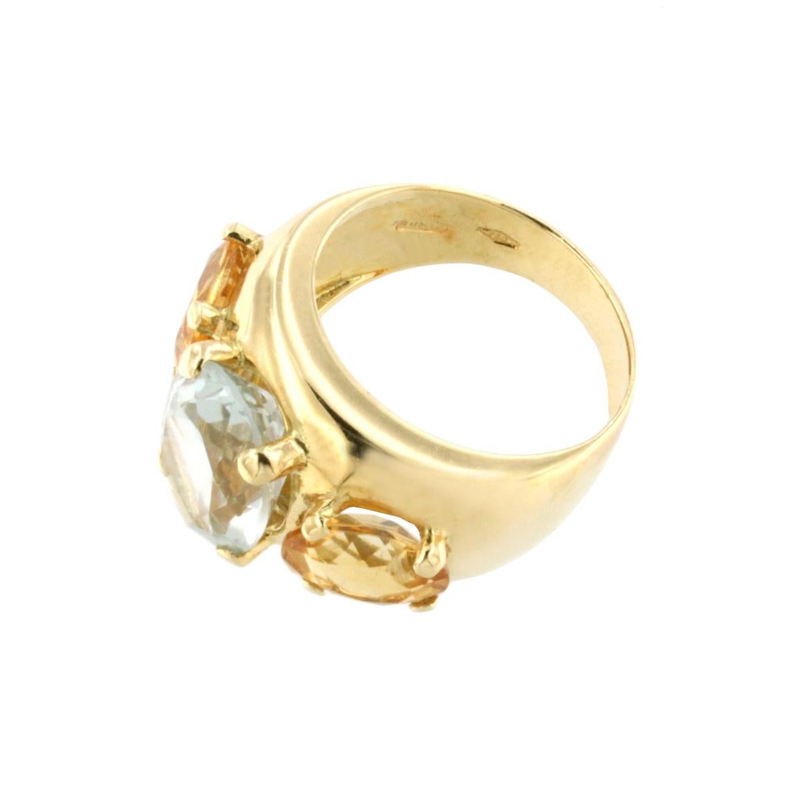  Combination of shapes and colors made a unique fashion and modern ring in 18k rose gold with colored stones. Made in Italy by Stanoppi Jewellery since 1948.
Ring in 18k yellow gold with Blue Topaz (oval cut, size: 12x10 mm) and Citrine (oval cut,