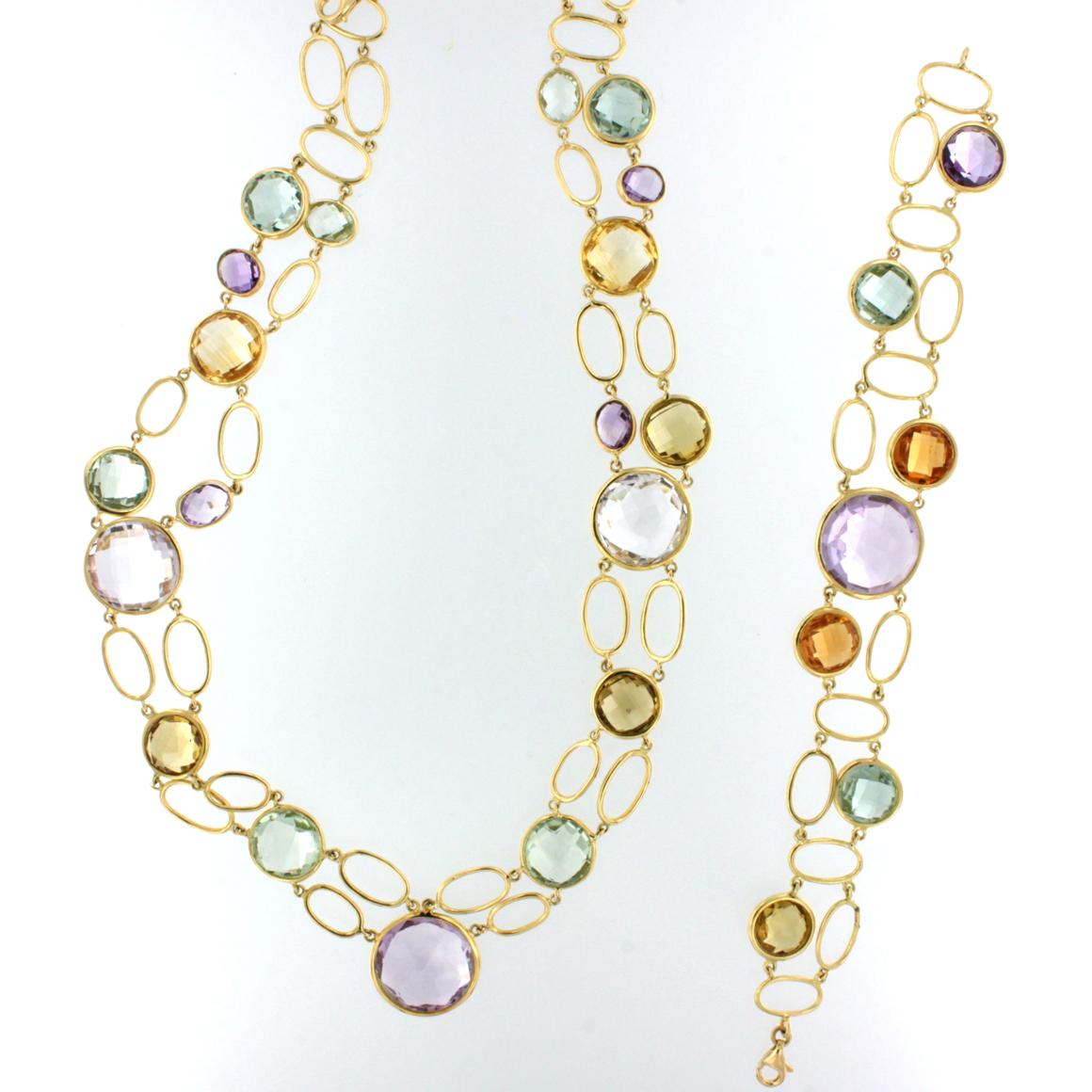 Round Cut 18k Yellow Gold with Colored Stones Bracelet and Necklace Set For Sale