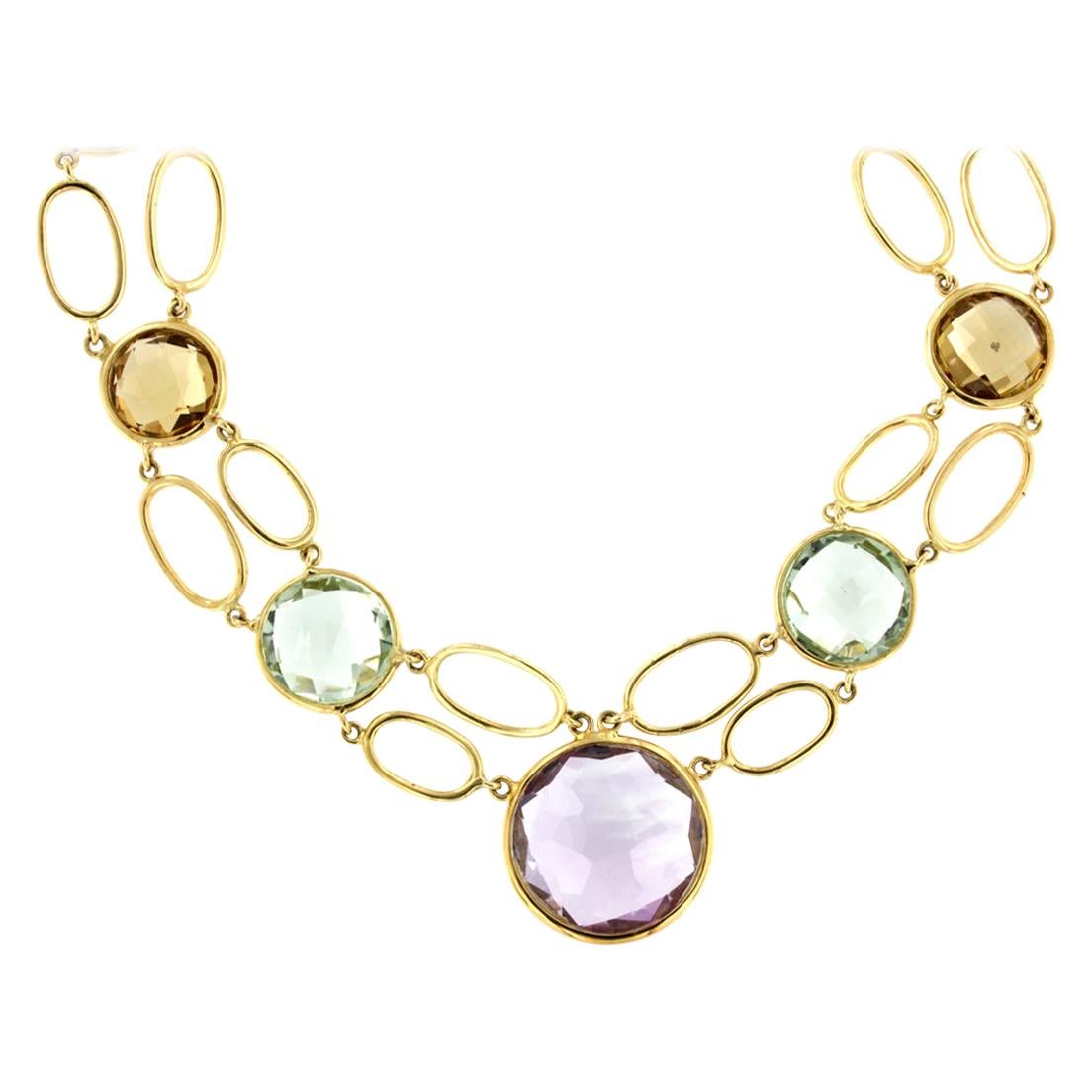 18k Yellow Gold with Colored Stones Bracelet and Necklace Set For Sale