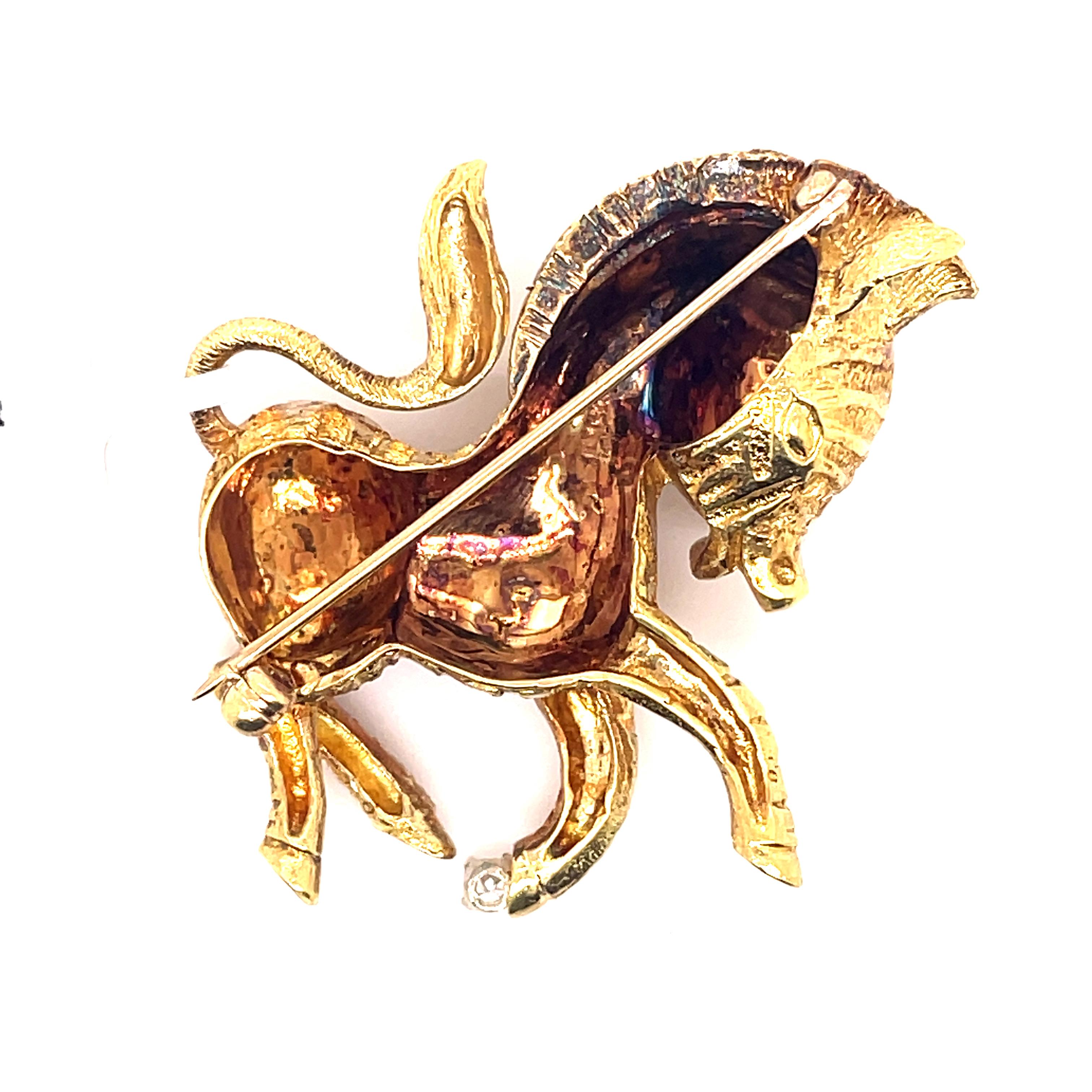 Round Cut 18k Yellow Gold with Diamond and Ruby Zebra Brooch
