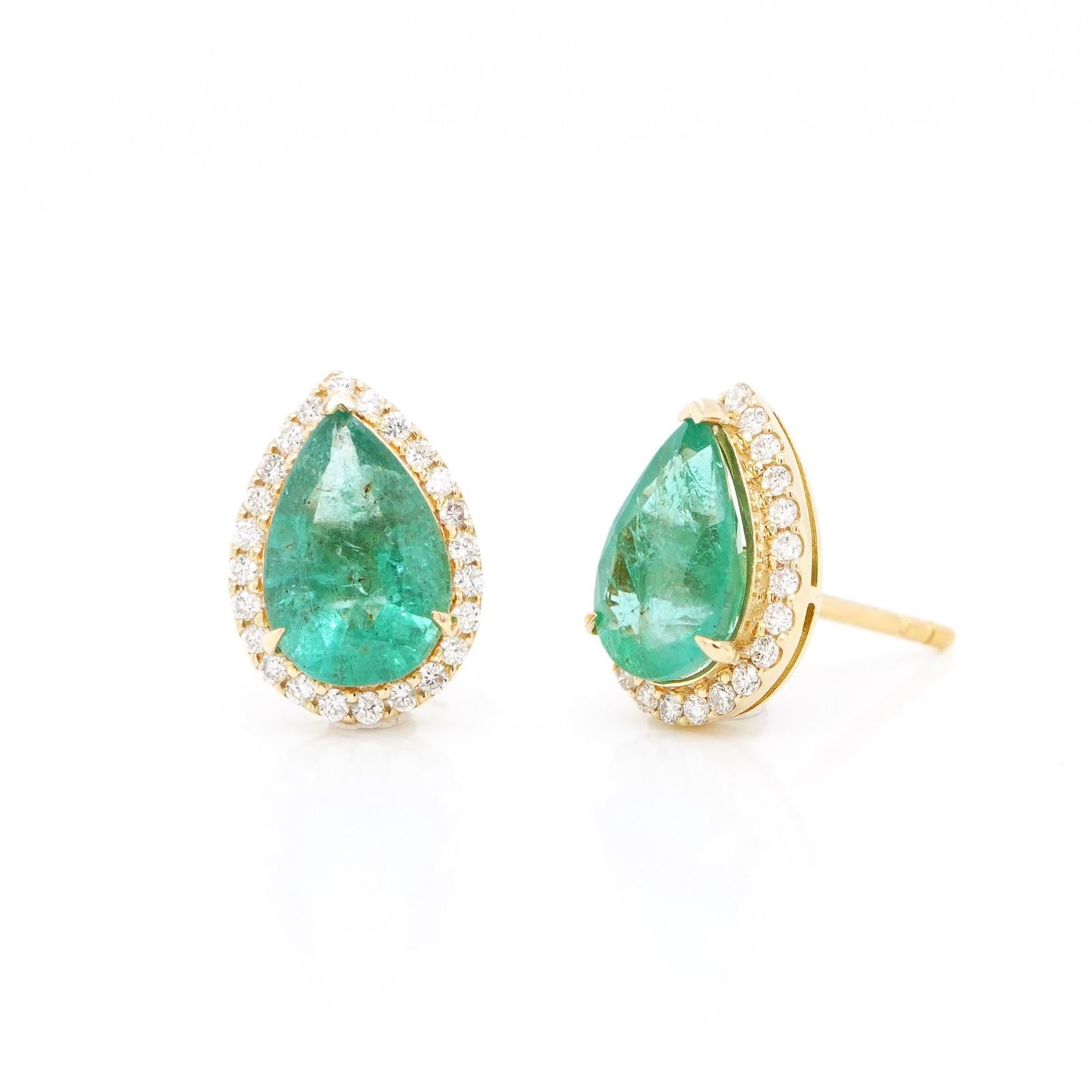 Pear Cut 18K Yellow Gold With Emerald Earrings 5.71 ct. pave setting For Sale