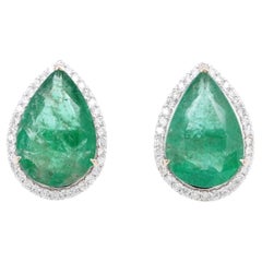 18K Yellow Gold With Emerald Earrings 6.49 ct. pave setting