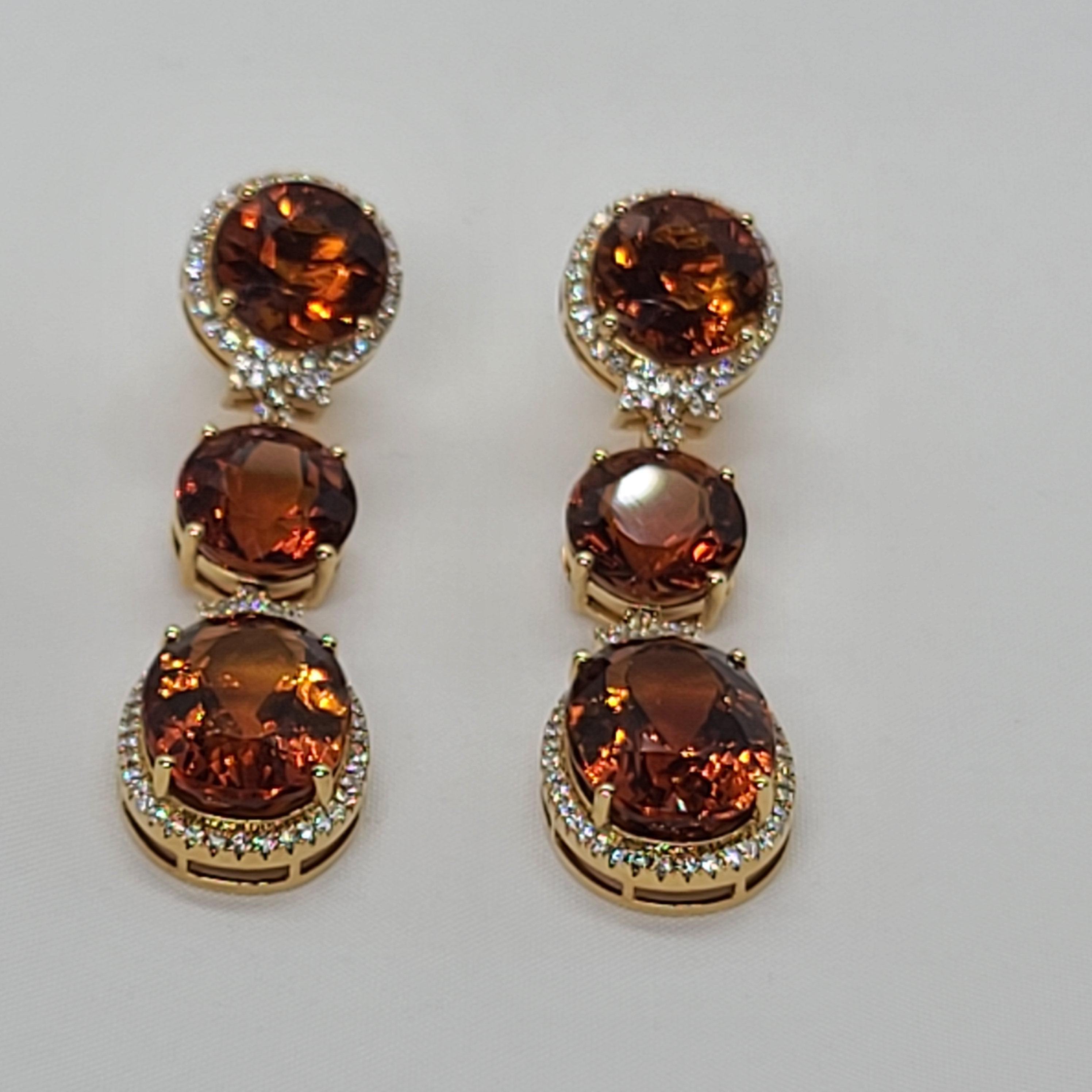 Round Cut 18 Karat Gold with Fire Royal Citrine and Diamonds Drop Dangle Earrings, One