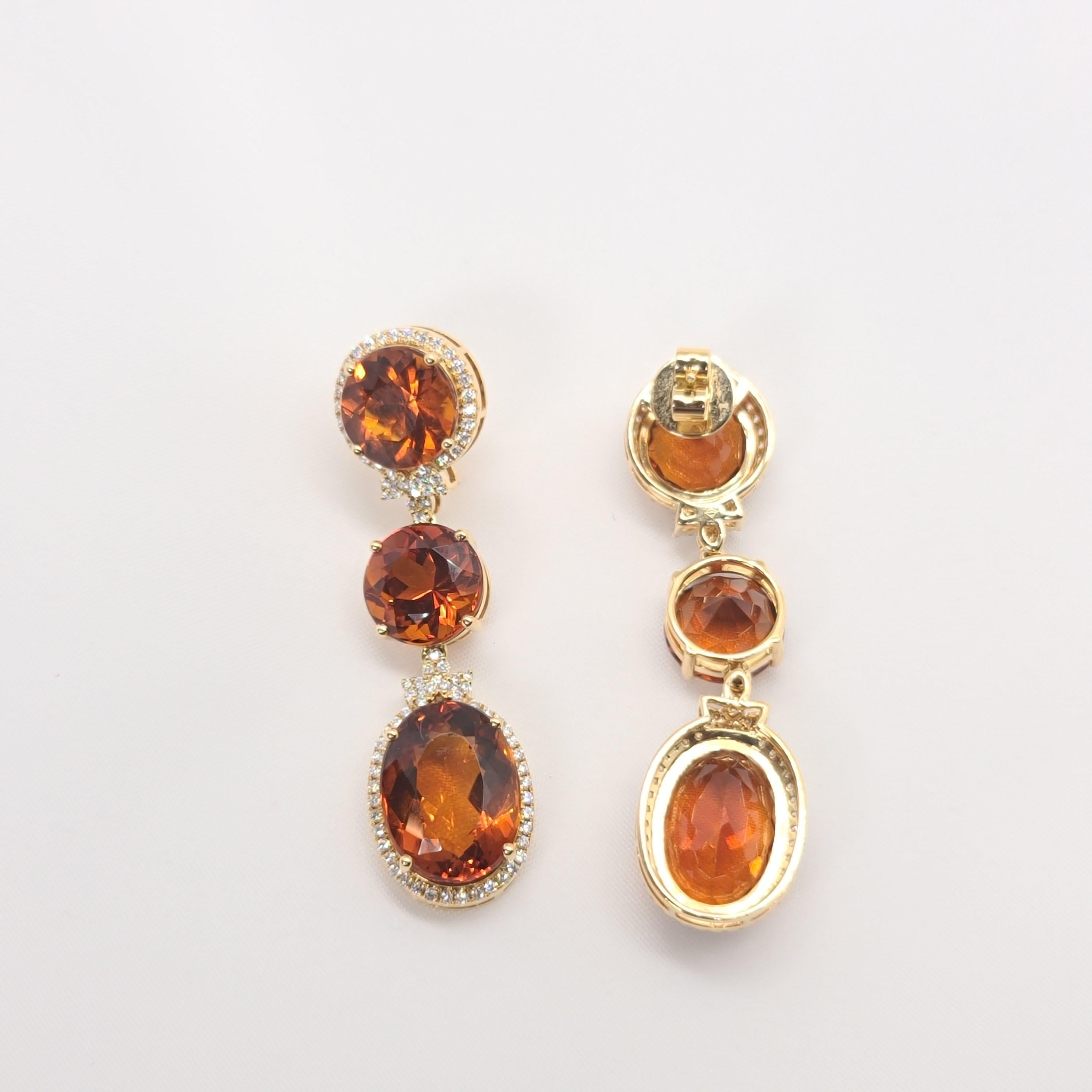 Women's 18 Karat Gold with Fire Royal Citrine and Diamonds Drop Dangle Earrings, One