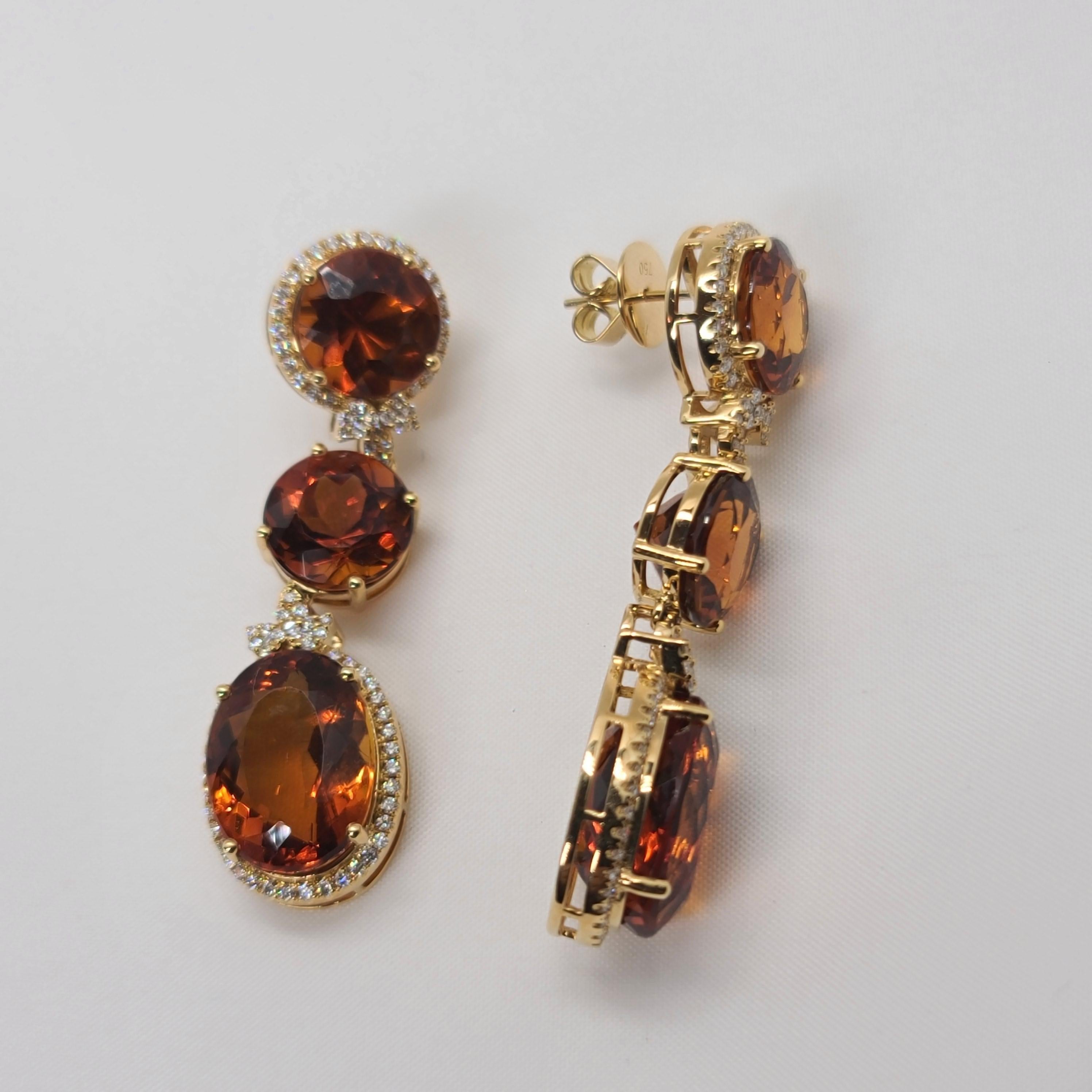 18 Karat Gold with Fire Royal Citrine and Diamonds Drop Dangle Earrings, One 1