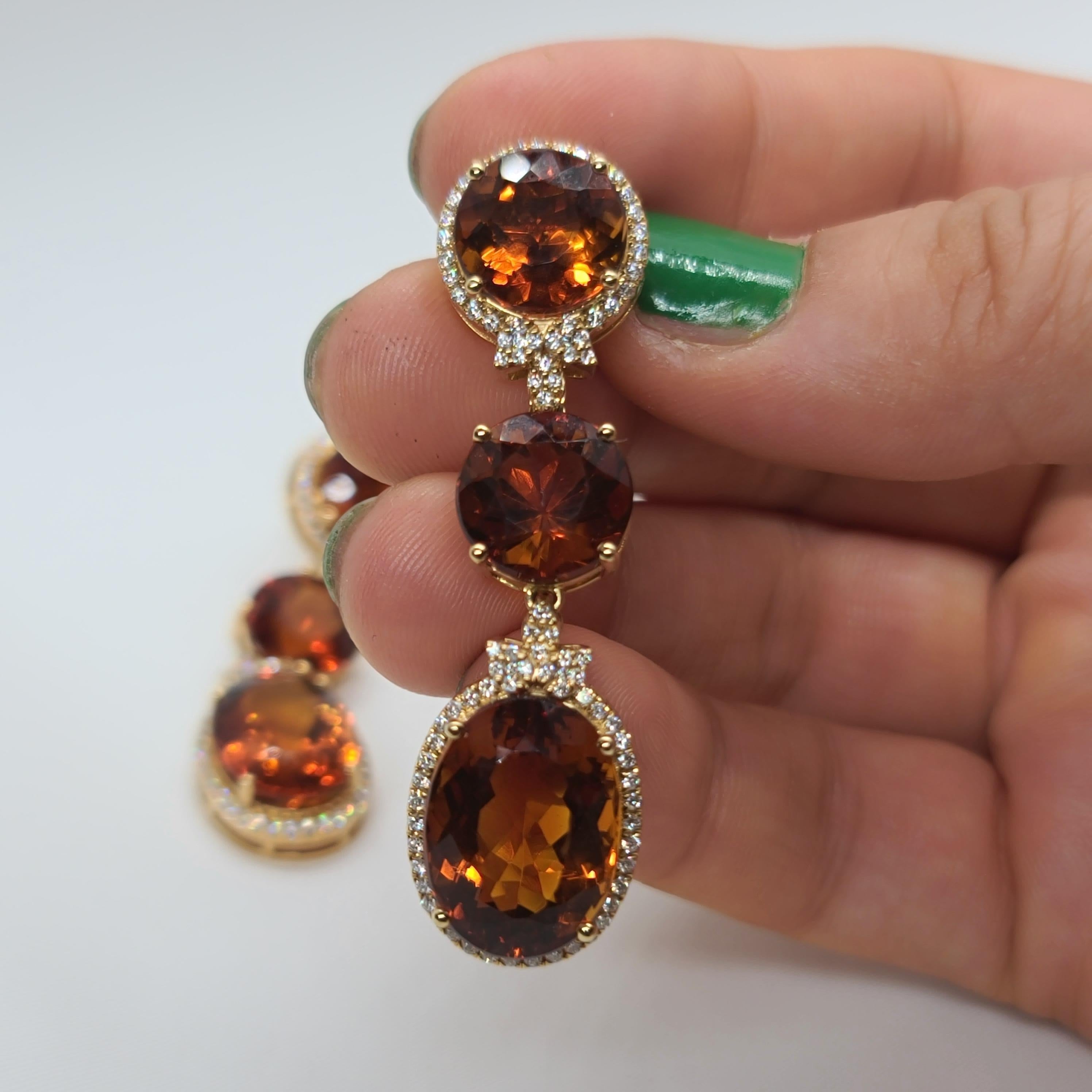 18 Karat Gold with Fire Royal Citrine and Diamonds Drop Dangle Earrings, One 2