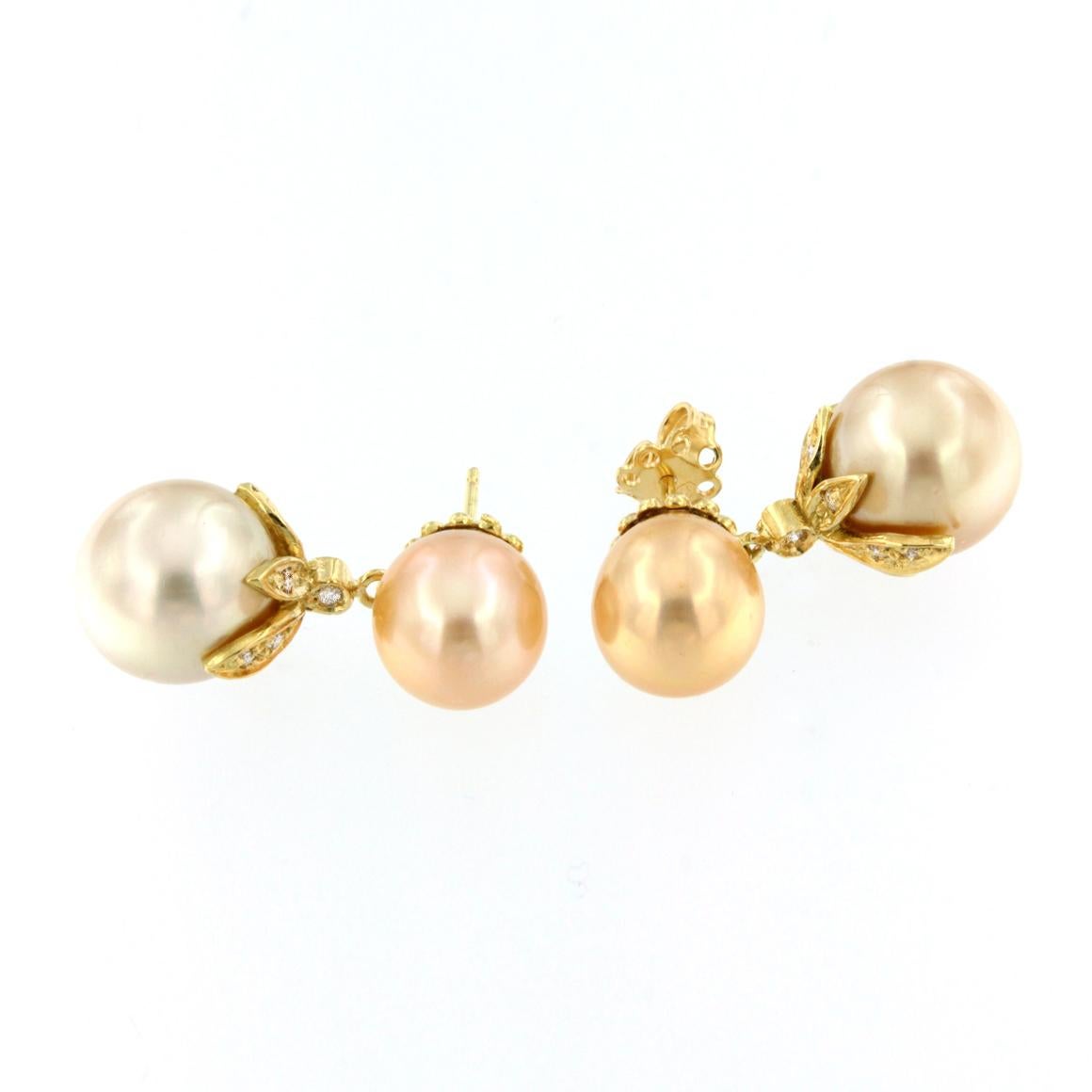 Modern 18k Yellow Gold with Golden Pearls and White Diamonds Earrings For Sale