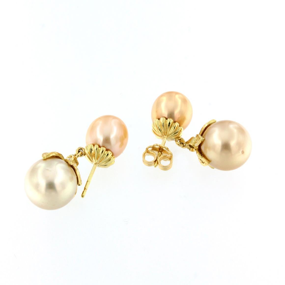 Round Cut 18k Yellow Gold with Golden Pearls and White Diamonds Earrings For Sale