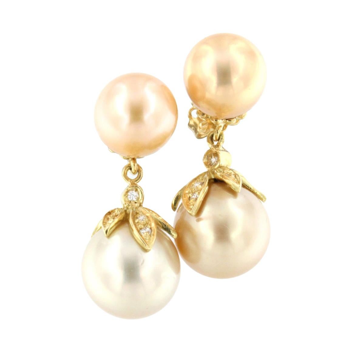 18k Yellow Gold with Golden Pearls and White Diamonds Earrings For Sale