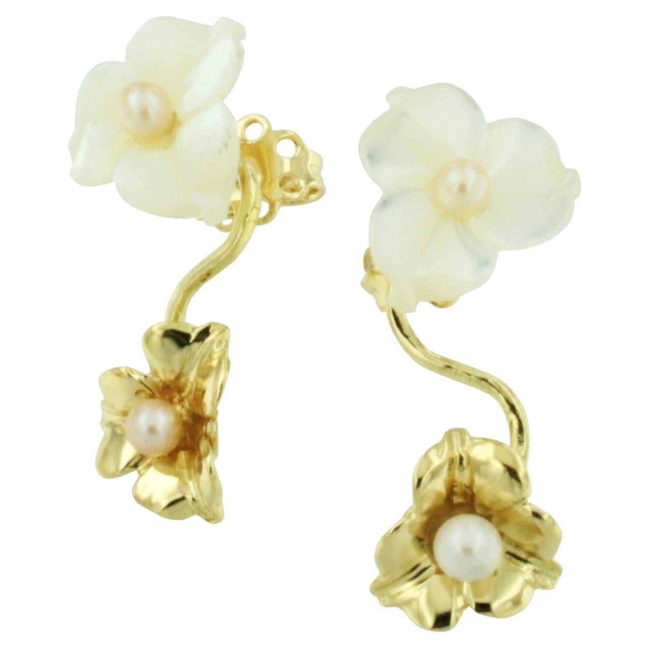 18k Yellow Gold with Mother of Pearls and White Pearls Blooming Flower Earrings  For Sale