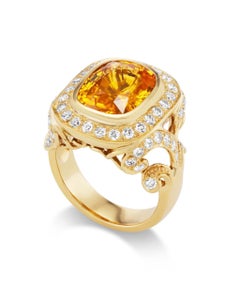 18K Yellow Gold with Orange Sapphire and Diamond Ring by Paula Crevoshay