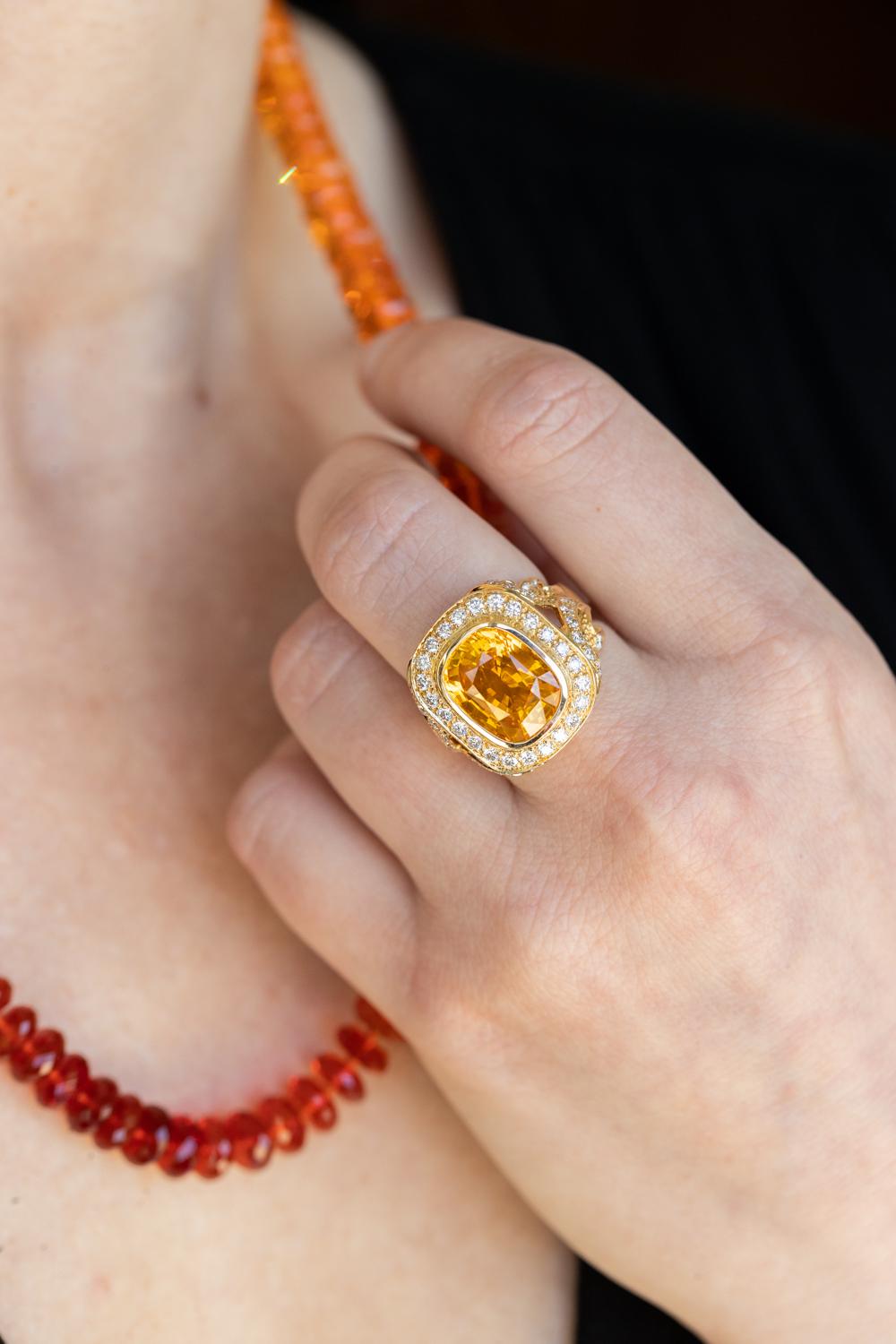 Modern 18K Yellow Gold with Orange Sapphire and Diamond Ring by Paula Crevoshay For Sale
