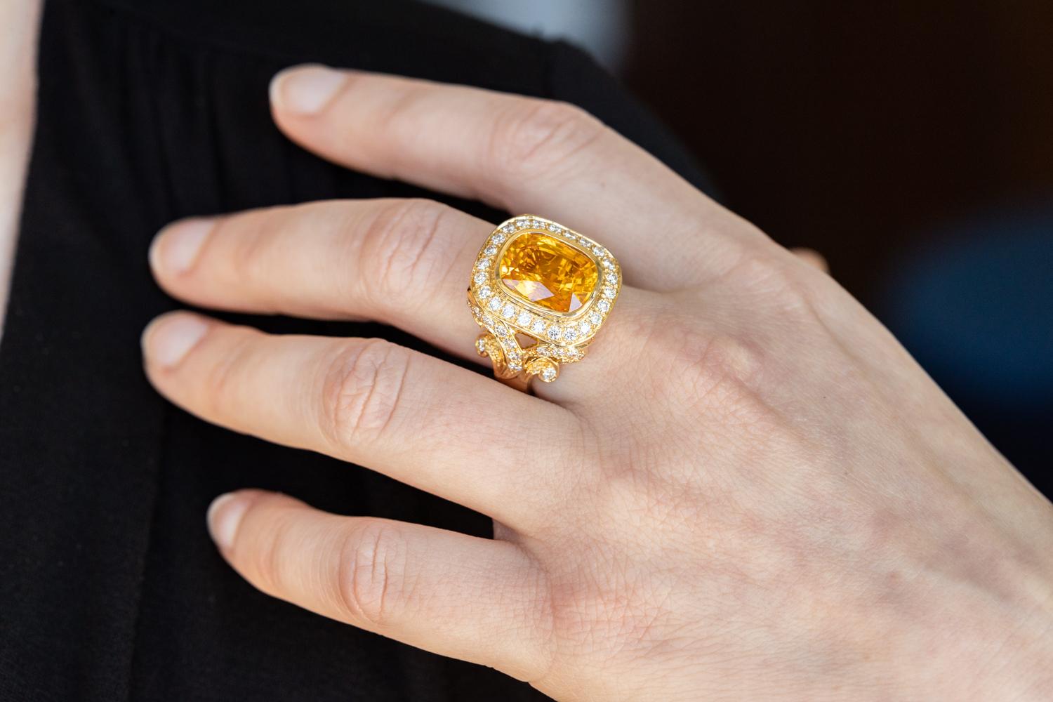 Cushion Cut 18K Yellow Gold with Orange Sapphire and Diamond Ring by Paula Crevoshay For Sale