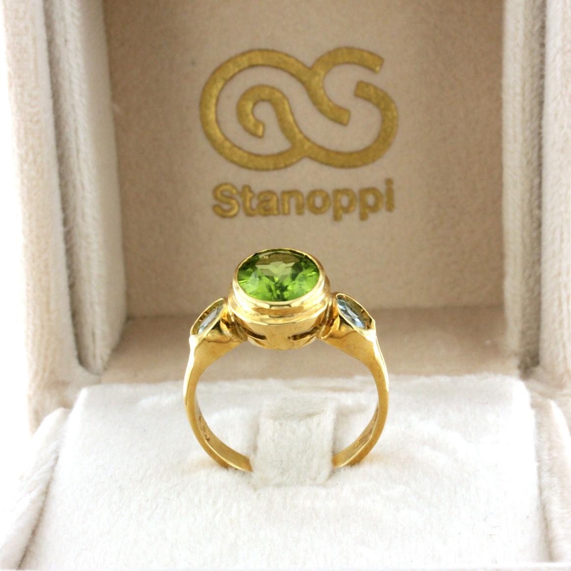 18k Yellow Gold with Peridot and Blue Topaz Ring In New Condition In GALLARATE, IT
