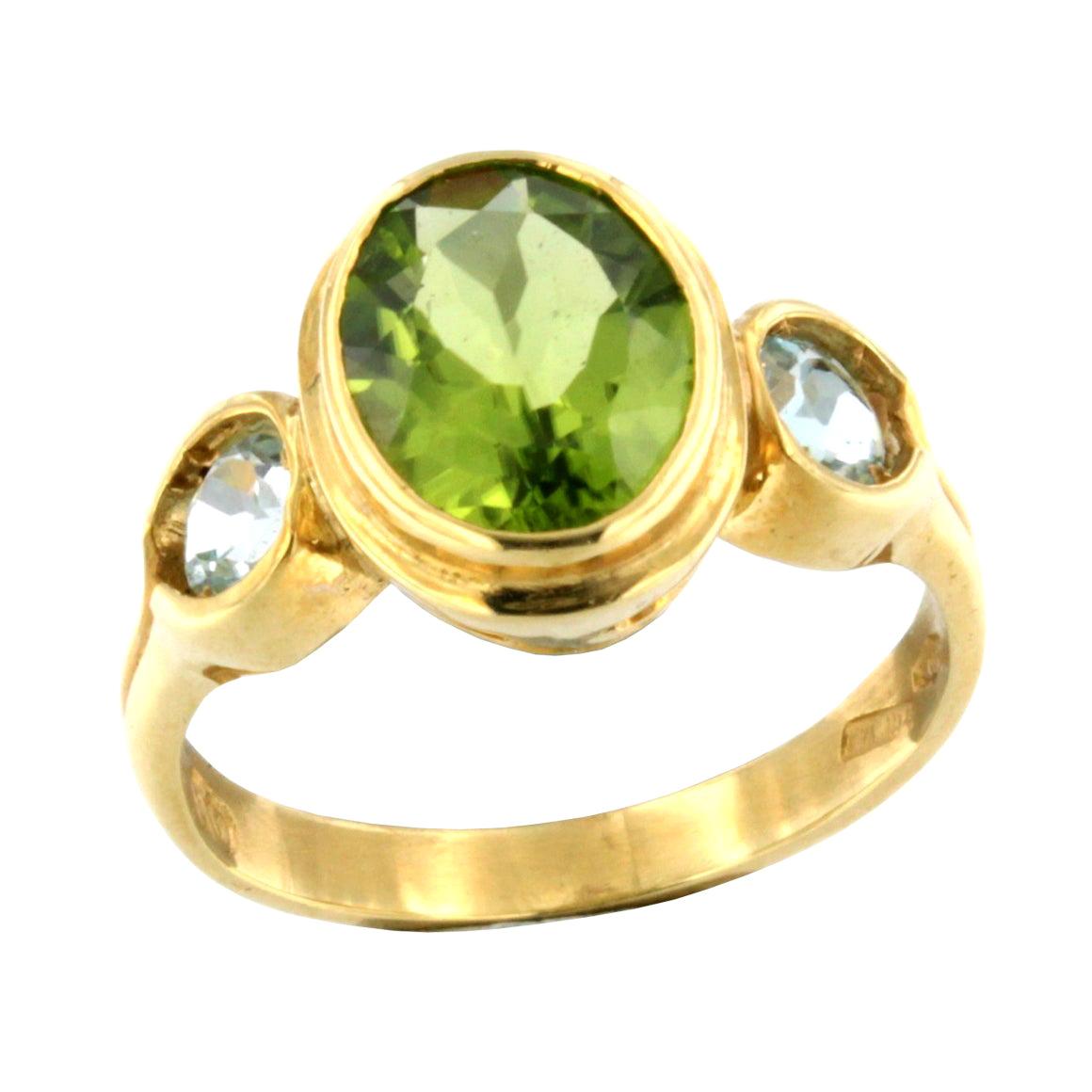 18k Yellow Gold with Peridot and Blue Topaz Ring For Sale