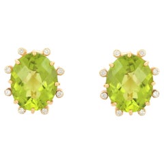 18K Yellow Gold Stud Earrings with Exquisite Oval Peridot and Inlaid Diamonds 