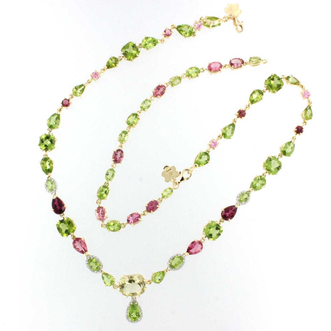 18 Karat Gold with Peridot Tourmaline Quartz White Diamonds Bracelet Necklace In New Condition For Sale In GALLARATE, IT