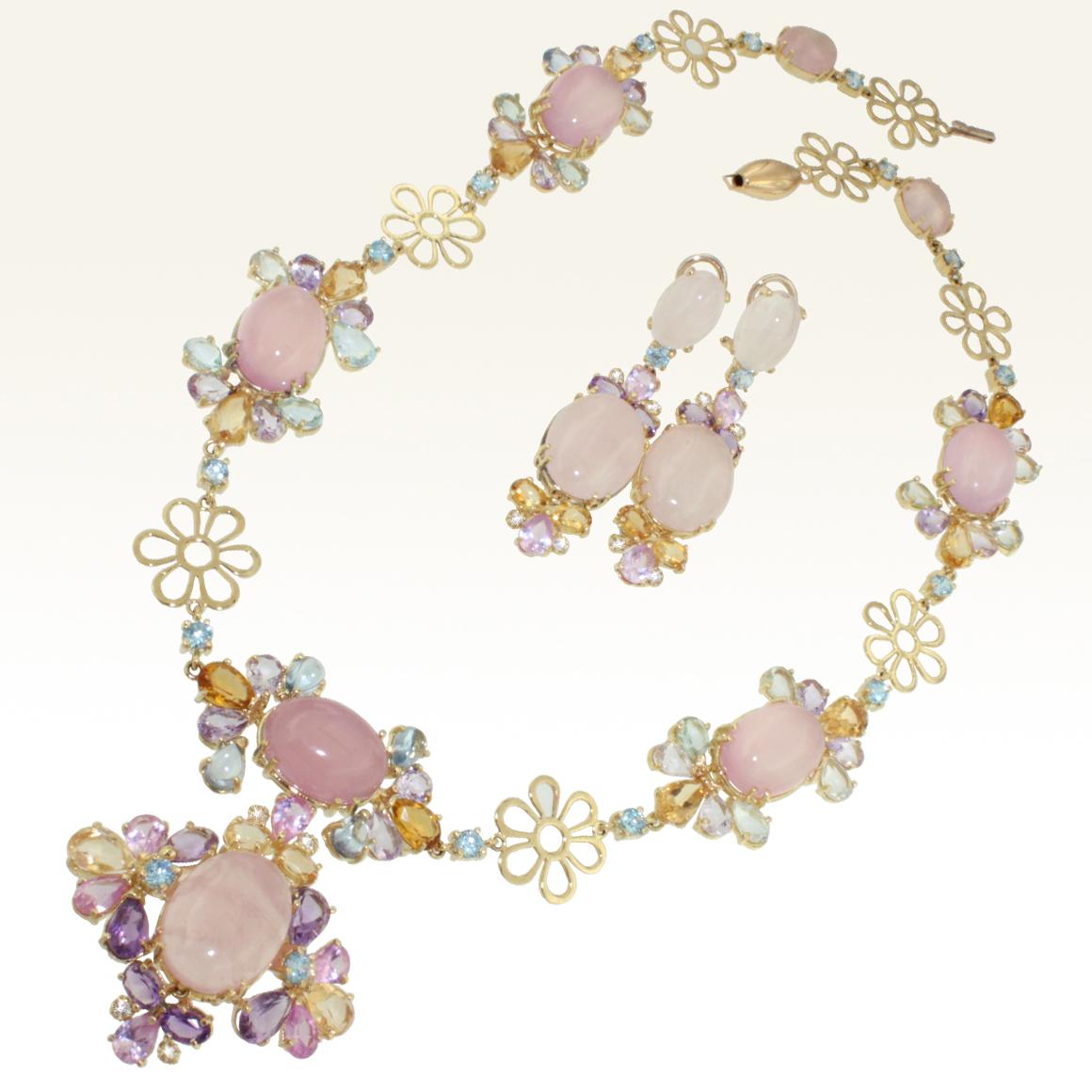 Inspired by a bouquet of flowers , creates an elegant Necklace . Unique design by Stanoppi Jewellery since1948 in Italy .
Modern Necklace in 18k yellow gold with Pink Quartz (oval cabochon cut, size: 13x18mm), Amethyst (oval cut, size: 4x6 mm, drop
