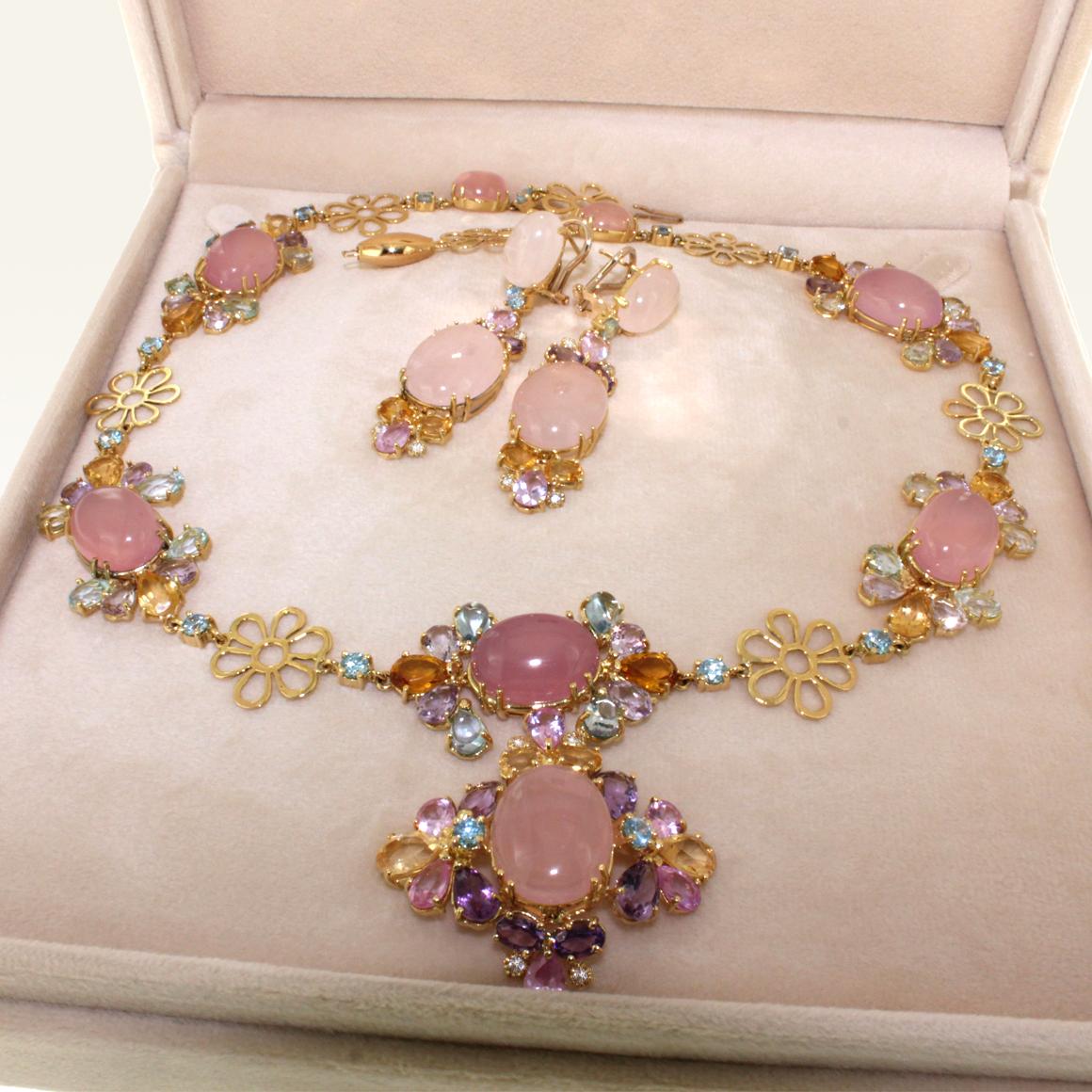 Oval Cut 18k Yellow Gold with Pink Quartz Amethyst Topaz Citrine and Diamonds Necklace For Sale