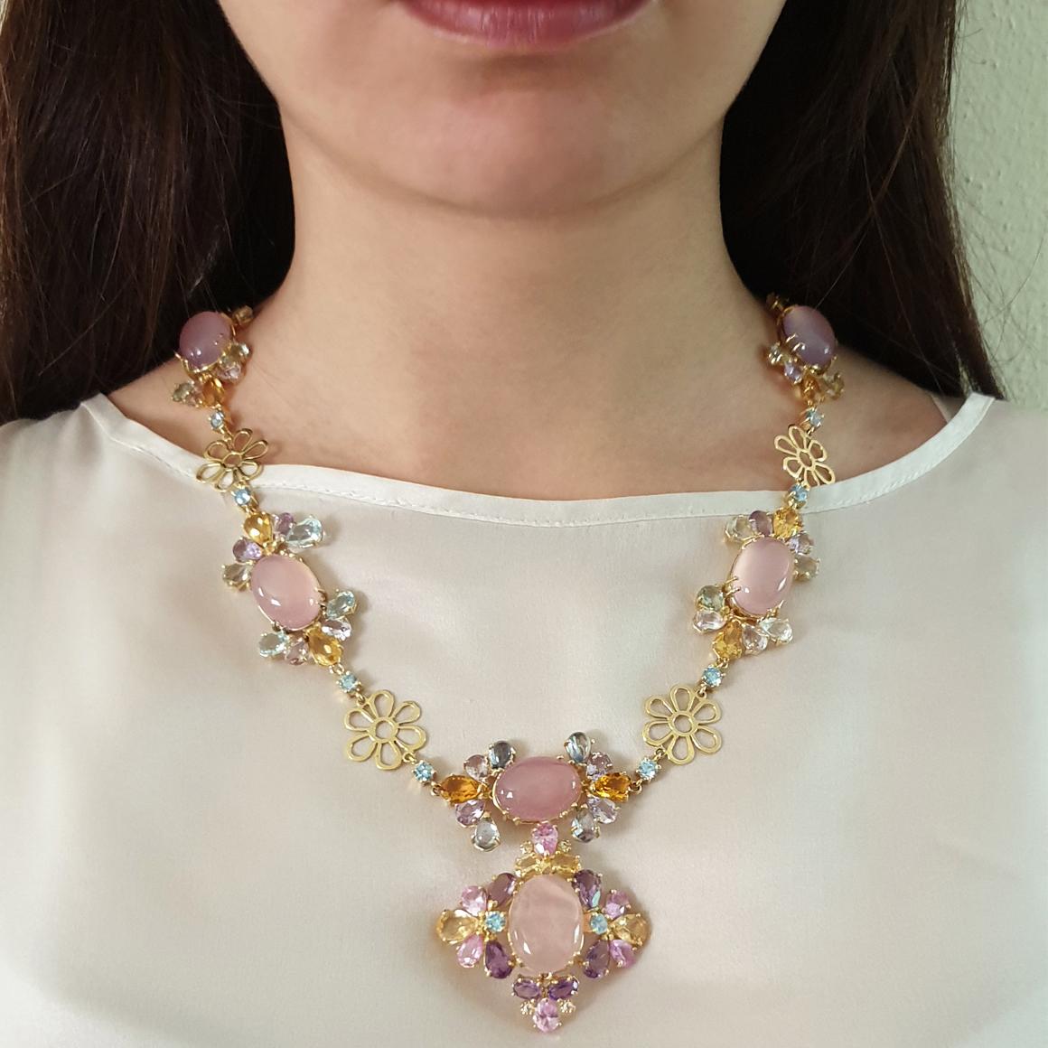 18k Yellow Gold with Pink Quartz Amethyst Topaz Citrine and Diamonds Necklace In New Condition For Sale In GALLARATE, IT