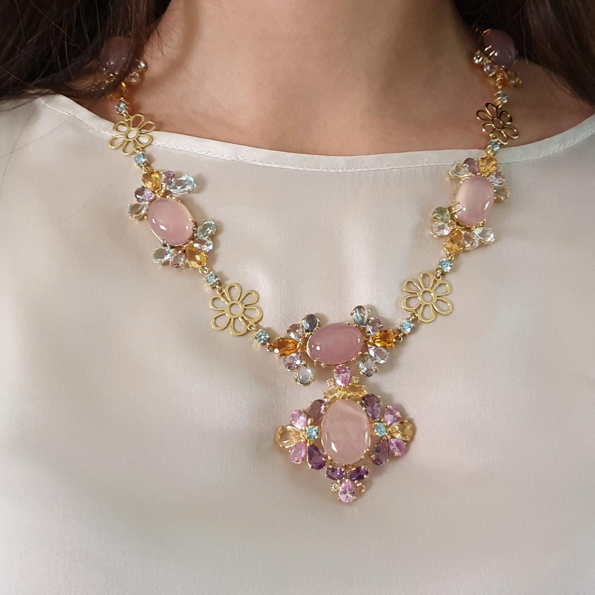 Modern 18k Yellow Gold with Pink Quartz Amethyst Topaz Citrine and Diamonds Necklace For Sale