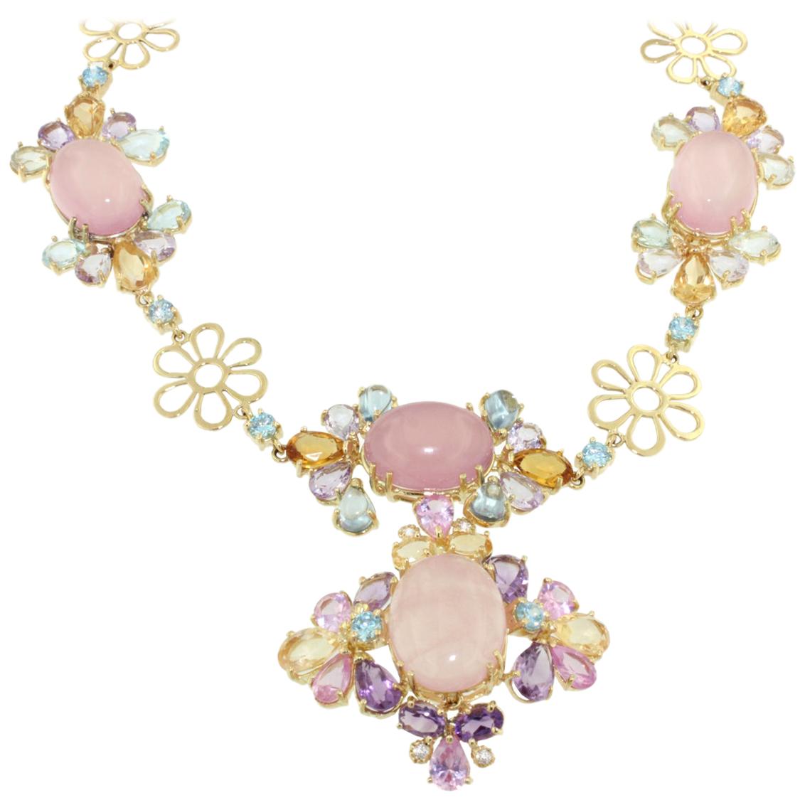 18k Yellow Gold with Pink Quartz Amethyst Topaz Citrine and Diamonds Necklace