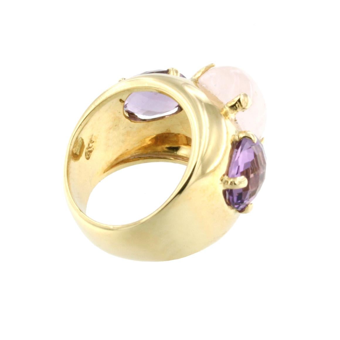 Modern 18k Yellow Gold with Pink Quartz and Amethyst Ring For Sale