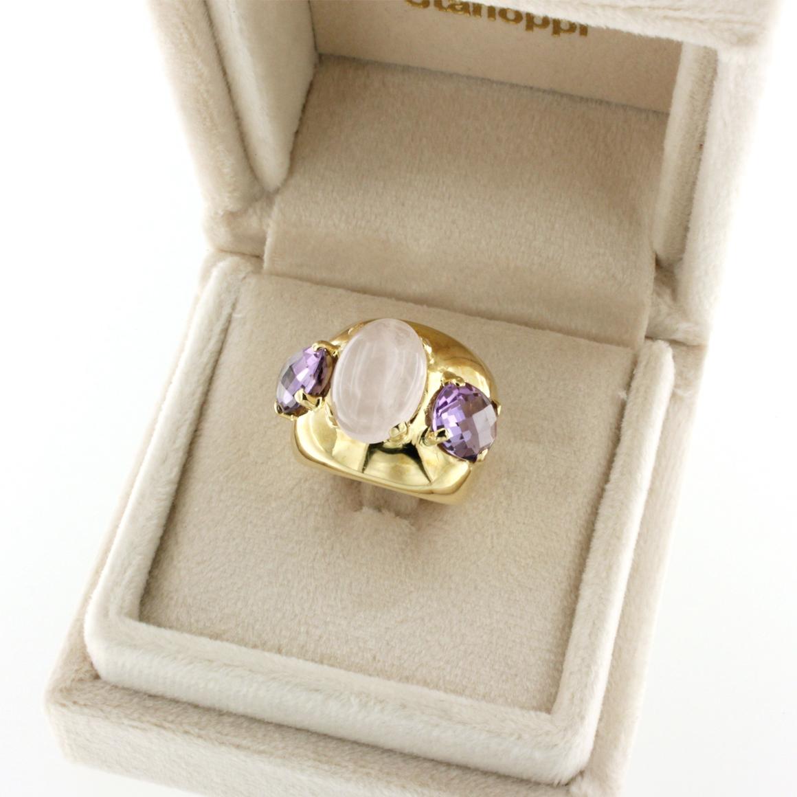 Oval Cut 18k Yellow Gold with Pink Quartz and Amethyst Ring For Sale