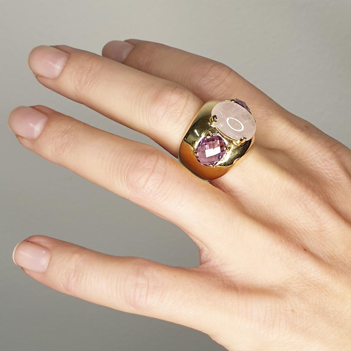 18k Yellow Gold with Pink Quartz and Amethyst Ring In New Condition For Sale In GALLARATE, IT