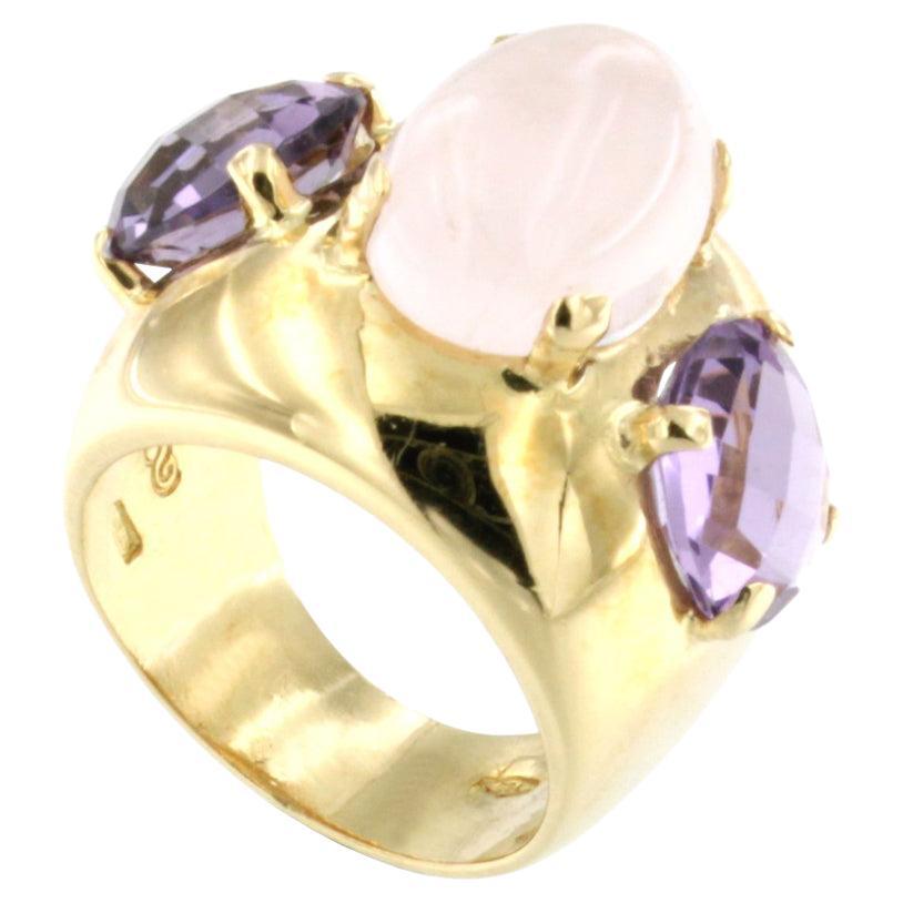 18k Yellow Gold with Pink Quartz and Amethyst Ring For Sale