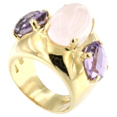 18k Yellow Gold with Pink Quartz and Amethyst Ring