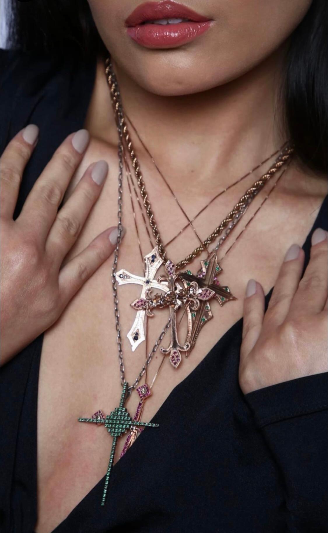 Round Cut Yellow Gold Ruby & Emerald Cross Pendant Necklace For Sale
