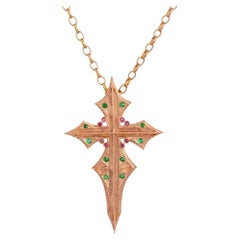 Yellow Gold Ruby & Emerald Cross Pendant Necklace