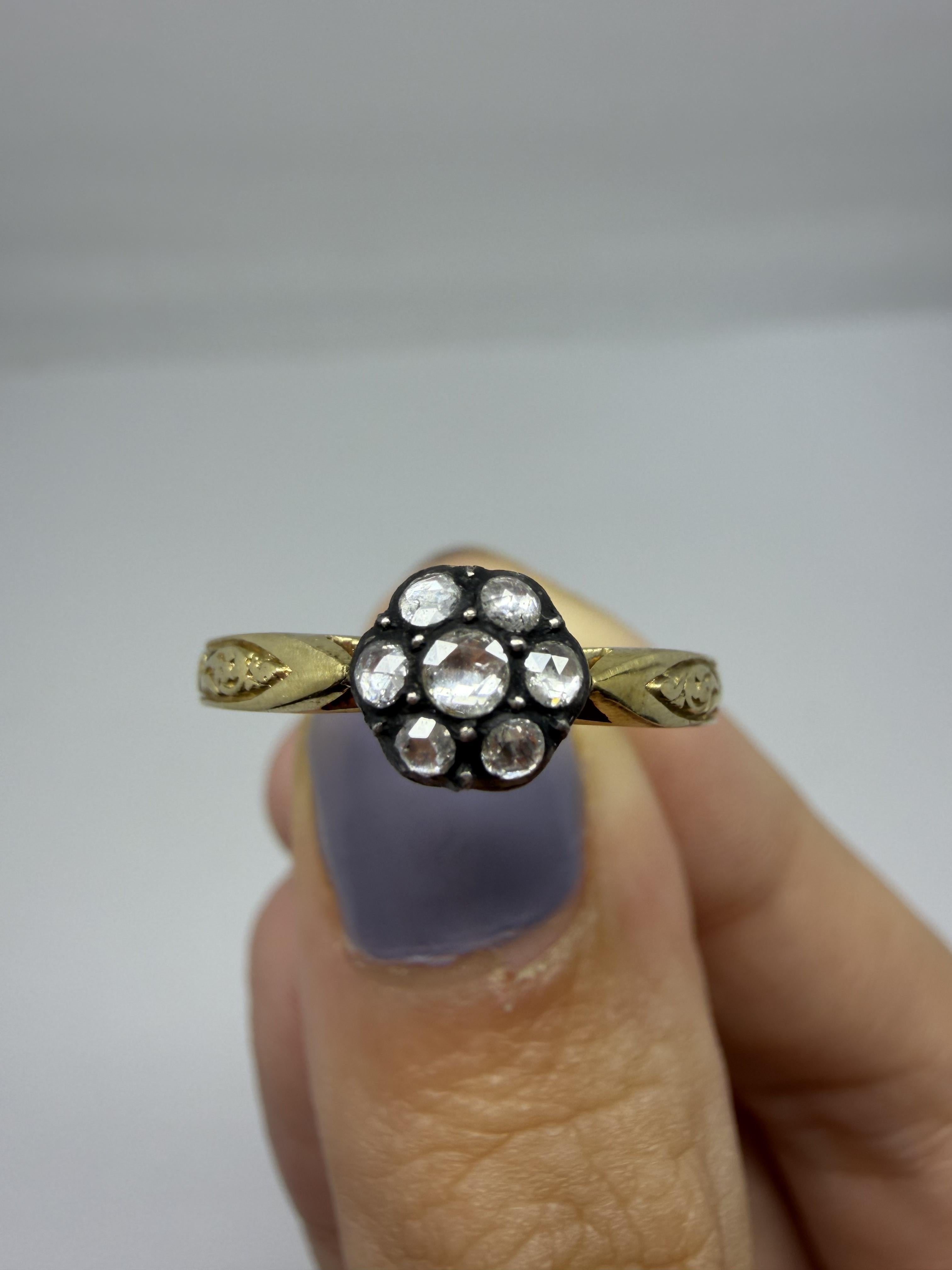 Taille rose Bague en or jaune 18 carats avec partie supérieure en argent 0,16 carat de diamant taillé en rose - taille 7,25 en vente