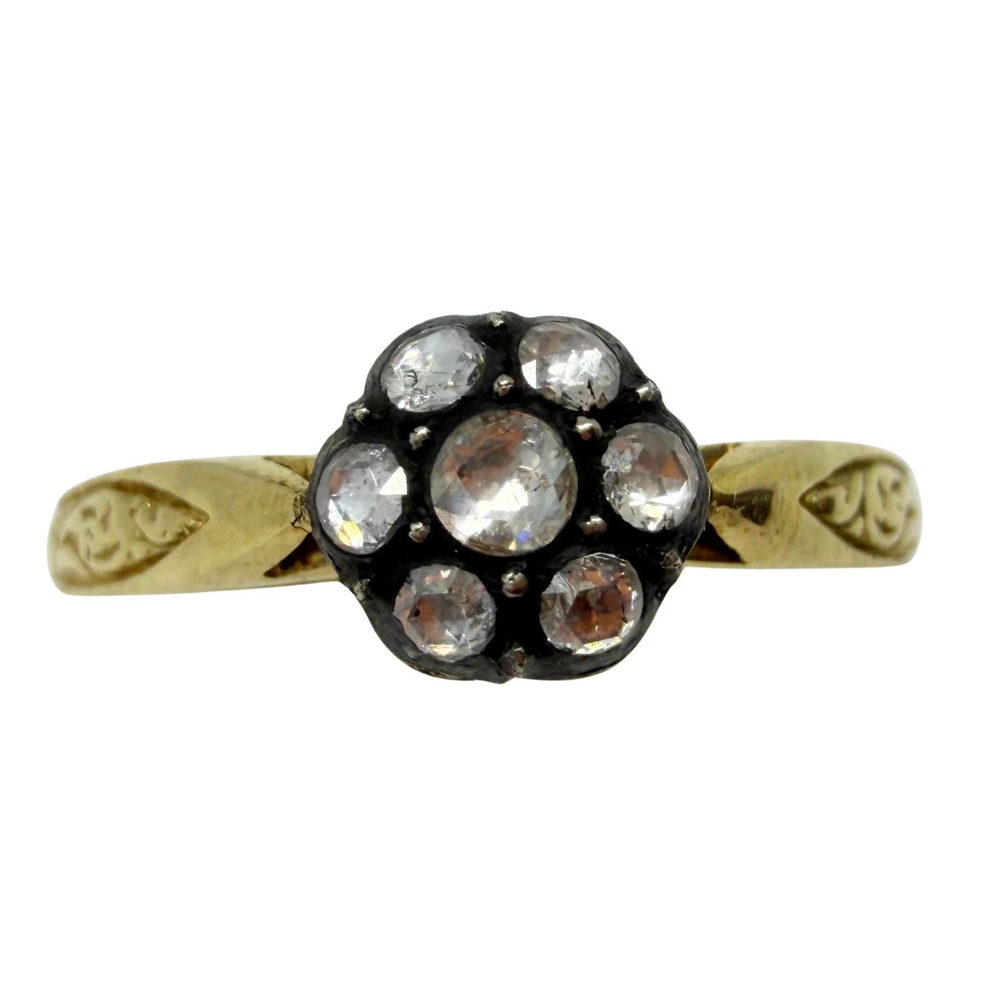 Bague en or jaune 18 carats avec partie supérieure en argent 0,16 carat de diamant taillé en rose - taille 7,25 Bon état - En vente à New York, NY