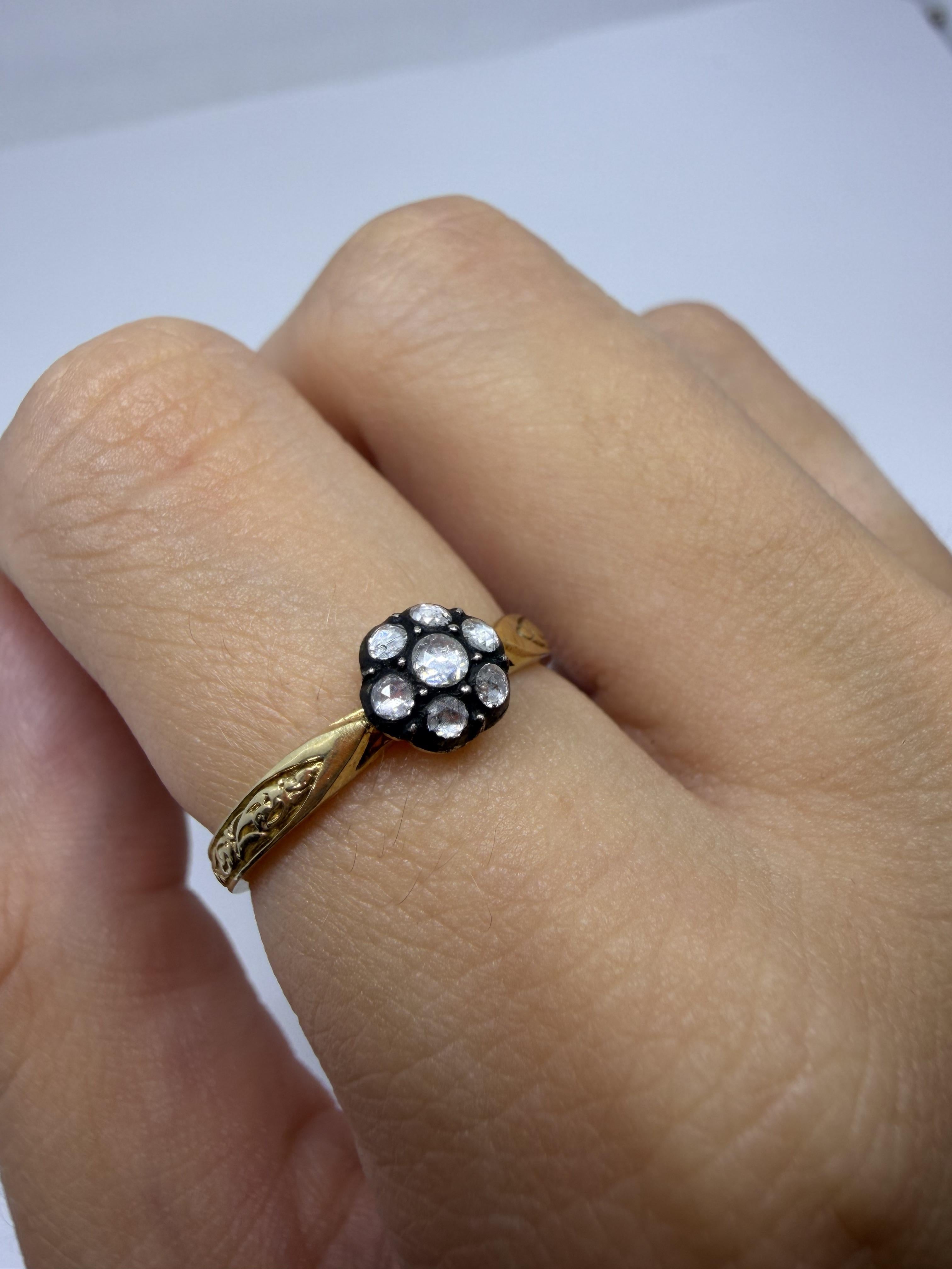 Bague en or jaune 18 carats avec partie supérieure en argent 0,16 carat de diamant taillé en rose - taille 7,25 Pour femmes en vente