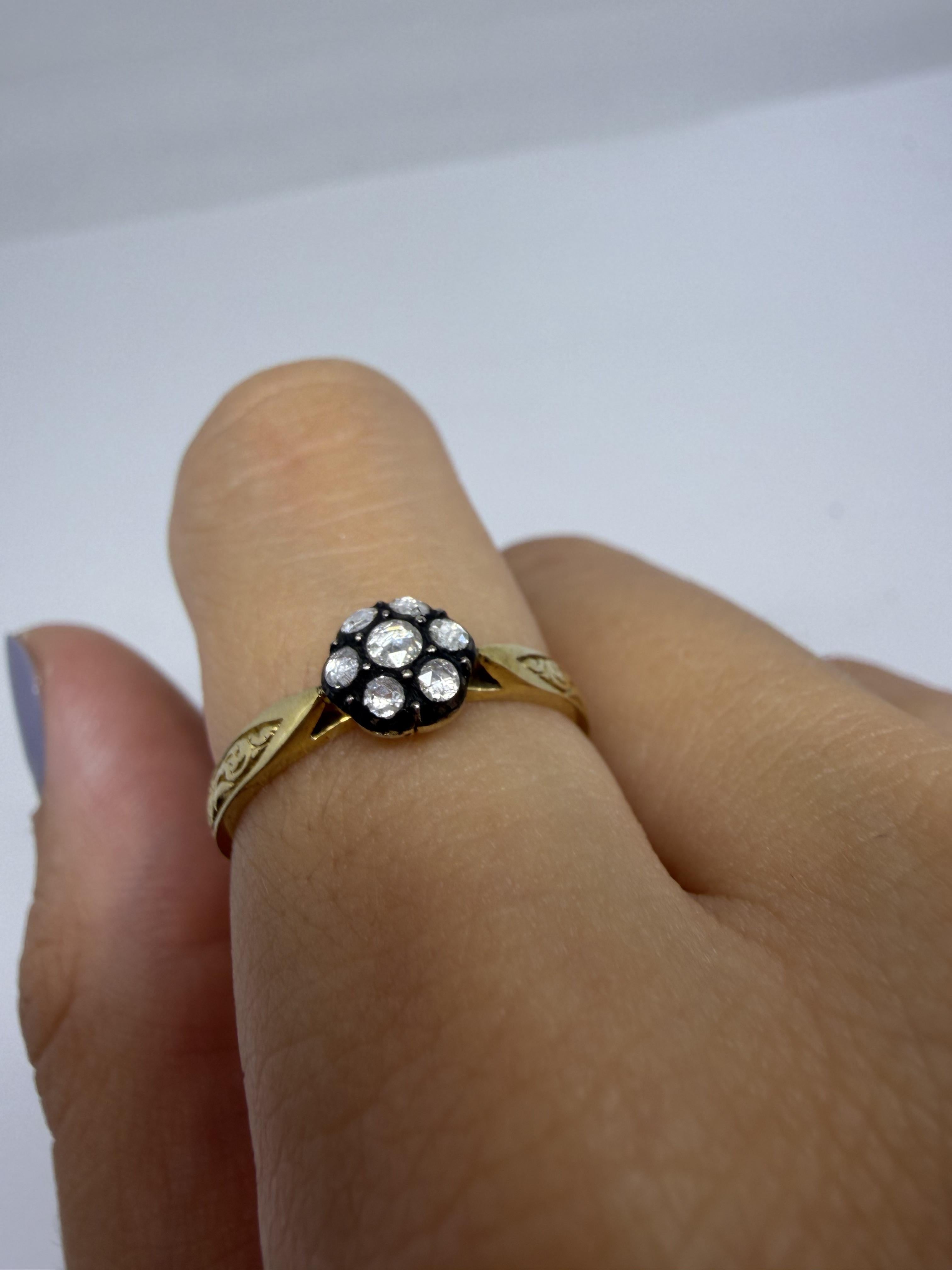 Bague en or jaune 18 carats avec partie supérieure en argent 0,16 carat de diamant taillé en rose - taille 7,25 en vente 1