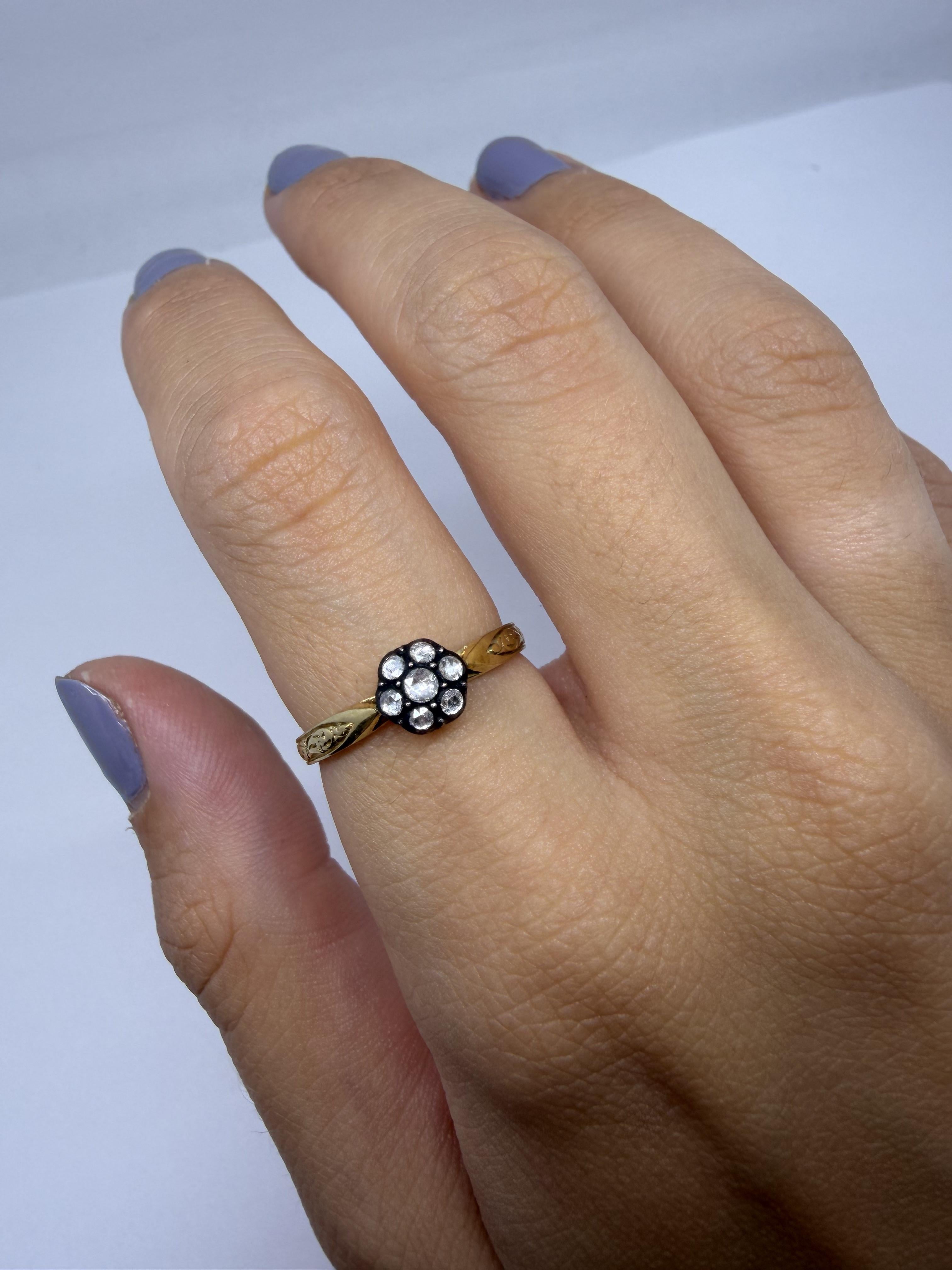 Bague en or jaune 18 carats avec partie supérieure en argent 0,16 carat de diamant taillé en rose - taille 7,25 en vente 4