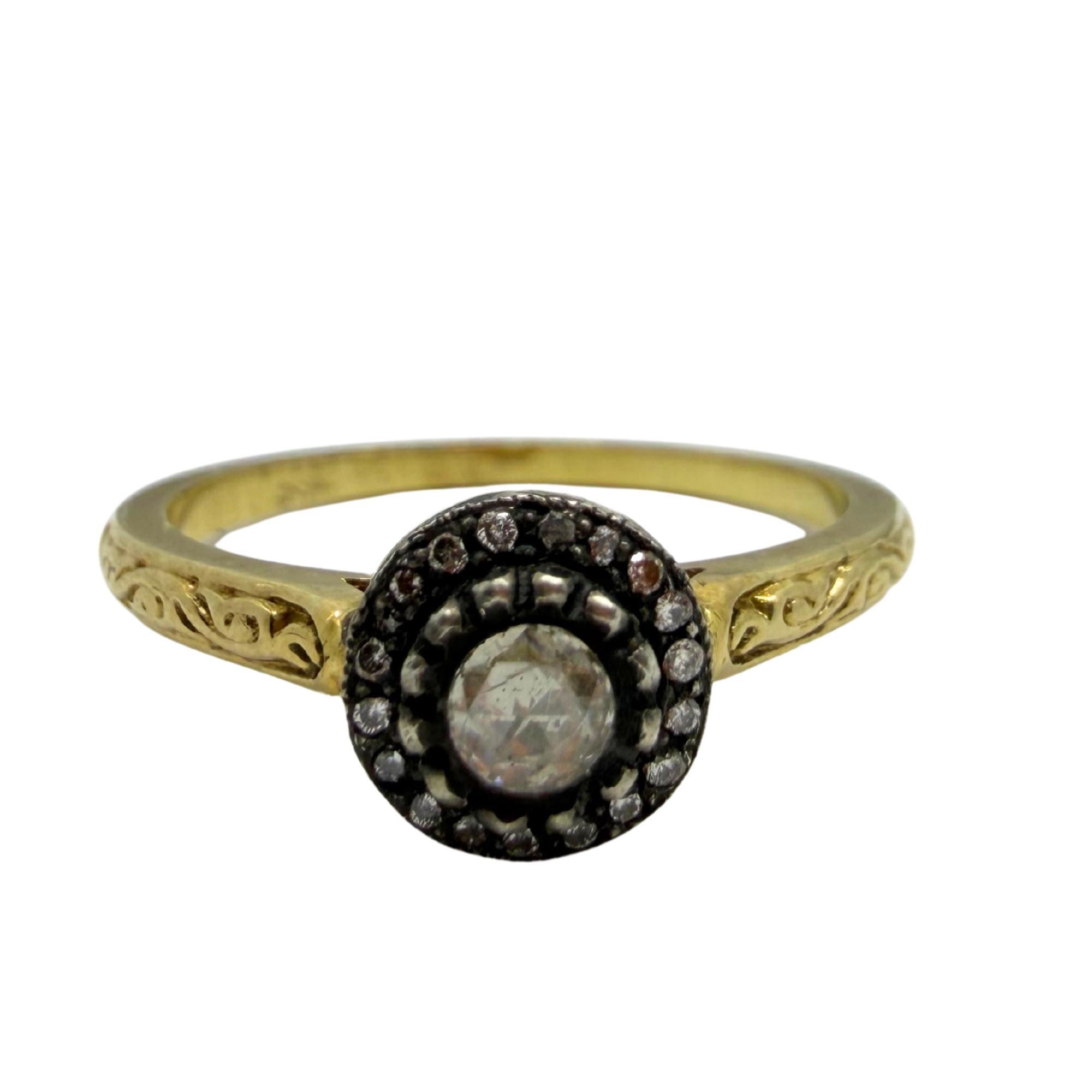 Taille rose Bague en or jaune 18 carats avec partie supérieure en argent, diamant taille rose de 0,14 carat - Taille 7 en vente