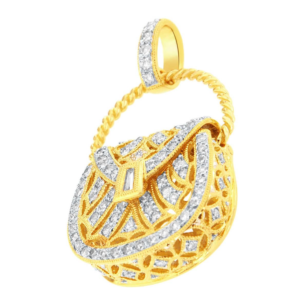 This 18k Yellow gold handcrafted Women's pendant showcases a melee of Round Brilliant & Baguette Cut diamonds.

Diamond Weight : 0.63 Carats
Diamond Color: D-F
Diamond Clarity: VS2