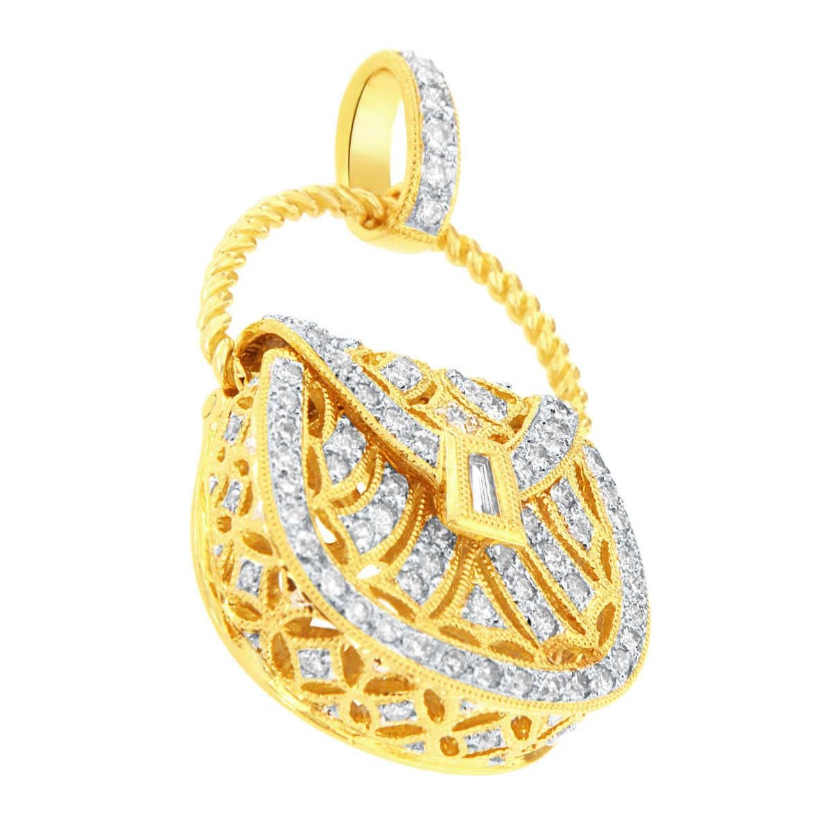 Round Cut 18K Yellow Gold Women's Diamond Luxurious Purse Pendant For Sale