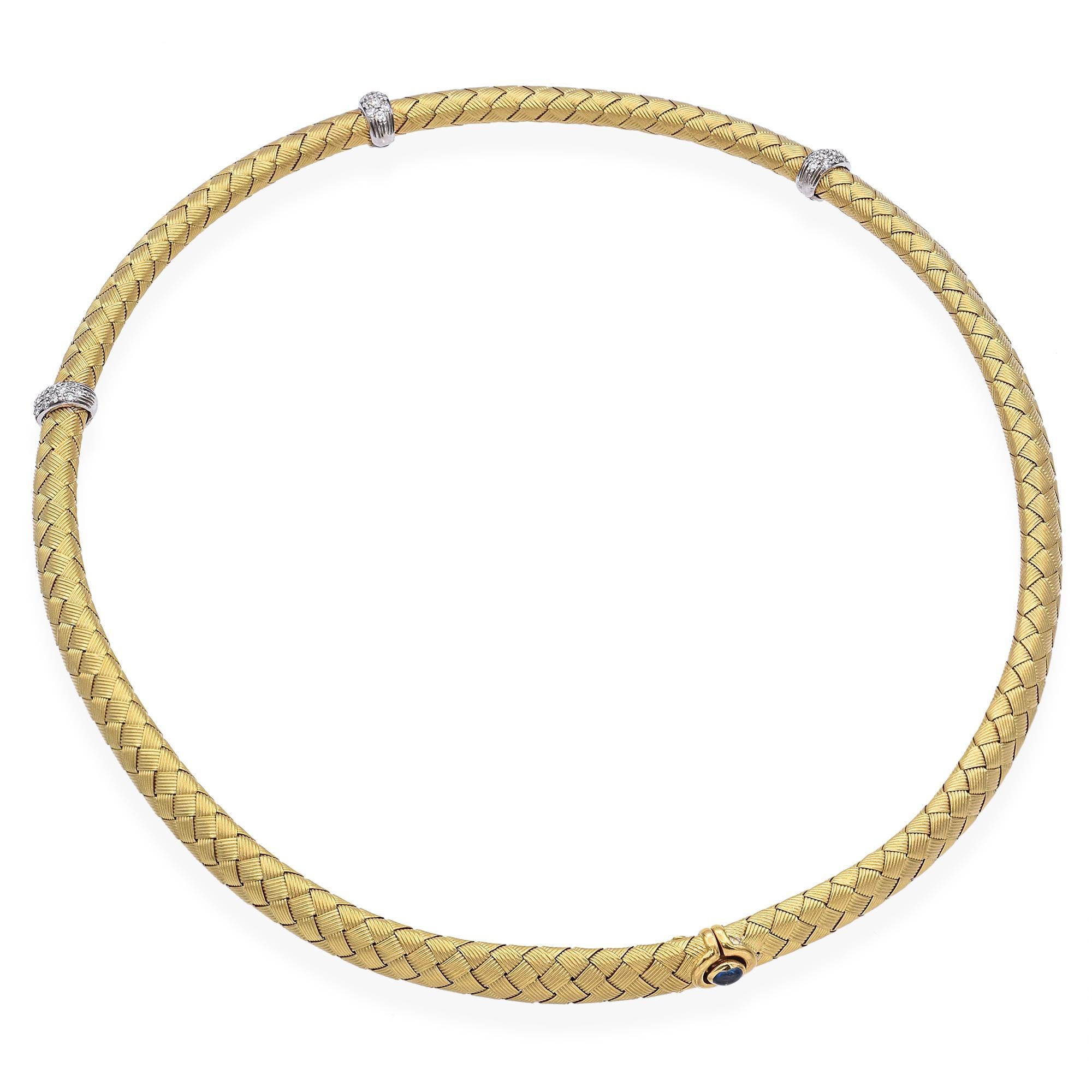 Collana intrecciata con diamanti e zaffiri in oro giallo 18 carati in vendita 2