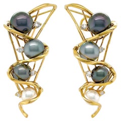 18K Yellow Gold Woven Multicolor Pearl Drape Earrings with Diamond Accents