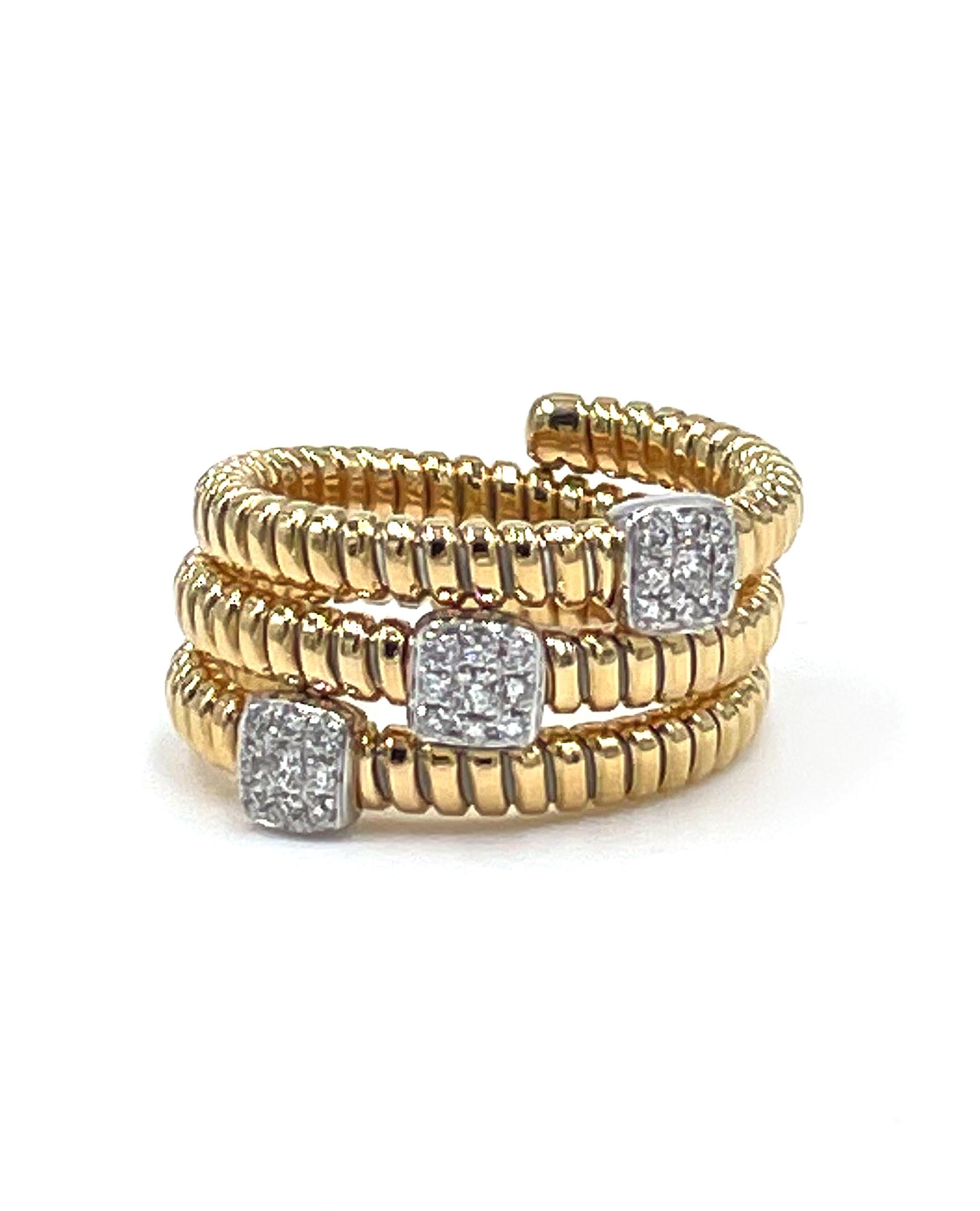 18K yellow gold wrap flexible ring with rib detailing and round brilliant-cut diamonds pave set into 3 square stations. Total diamond weight 0.22 carats: G color, VS2/SI1 clarity.

- Size 6.5 but can expand until size 7