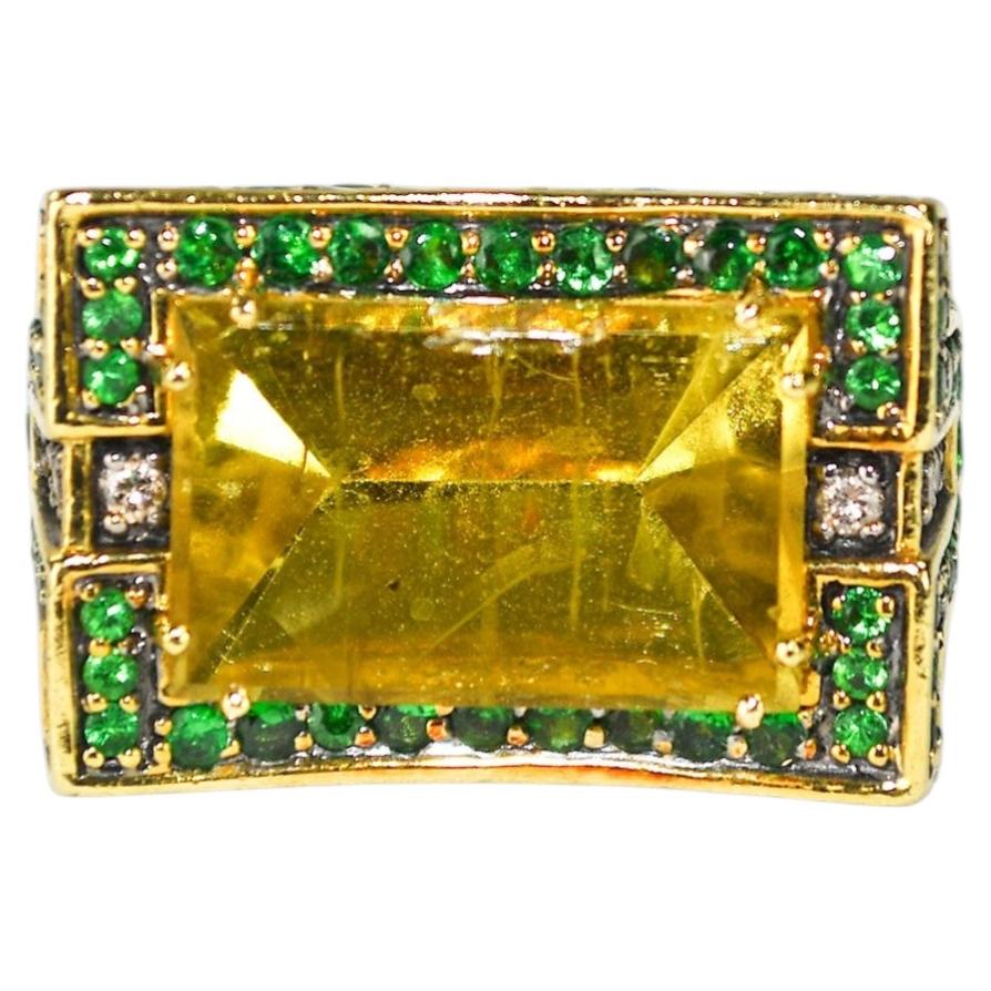 18K Yellow Gold Yellow Quartz & Tsavorite Garnet Ring 19.3g