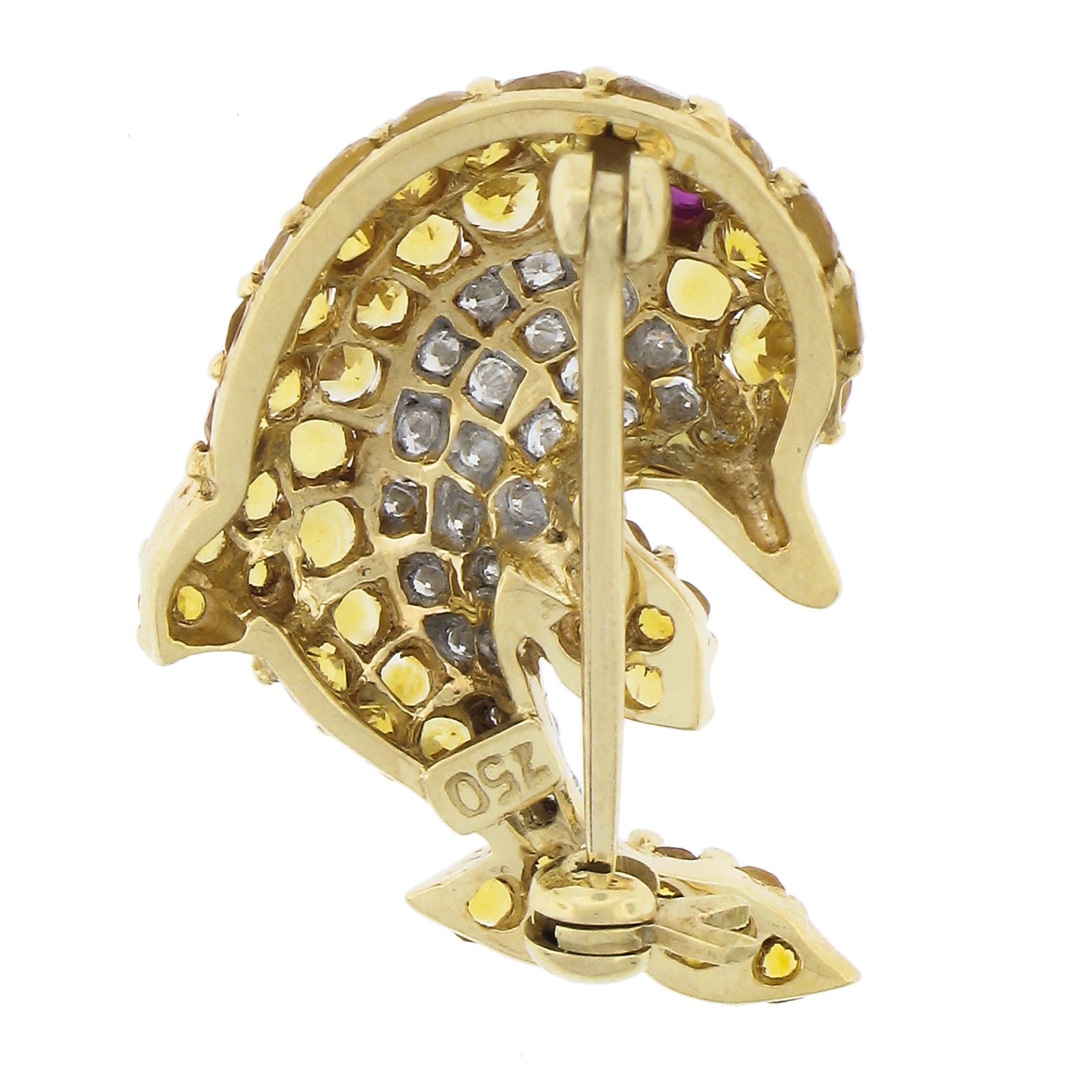 Round Cut 18k Yellow Gold Yellow Topaz Diamond Red Stone Cute Whimsical Dolphin Pin Brooch For Sale