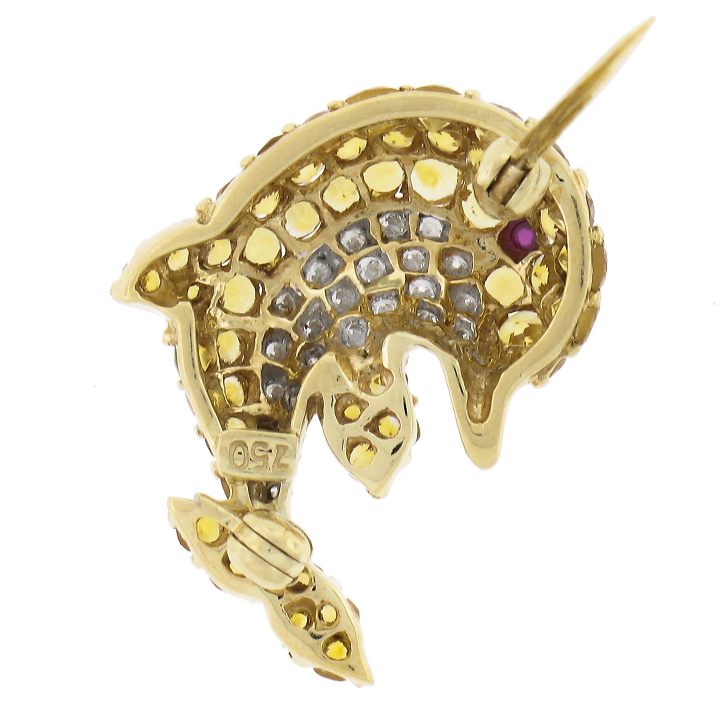 18k Yellow Gold Yellow Topaz Diamond Red Stone Cute Whimsical Dolphin Pin Brooch In Excellent Condition For Sale In Montclair, NJ
