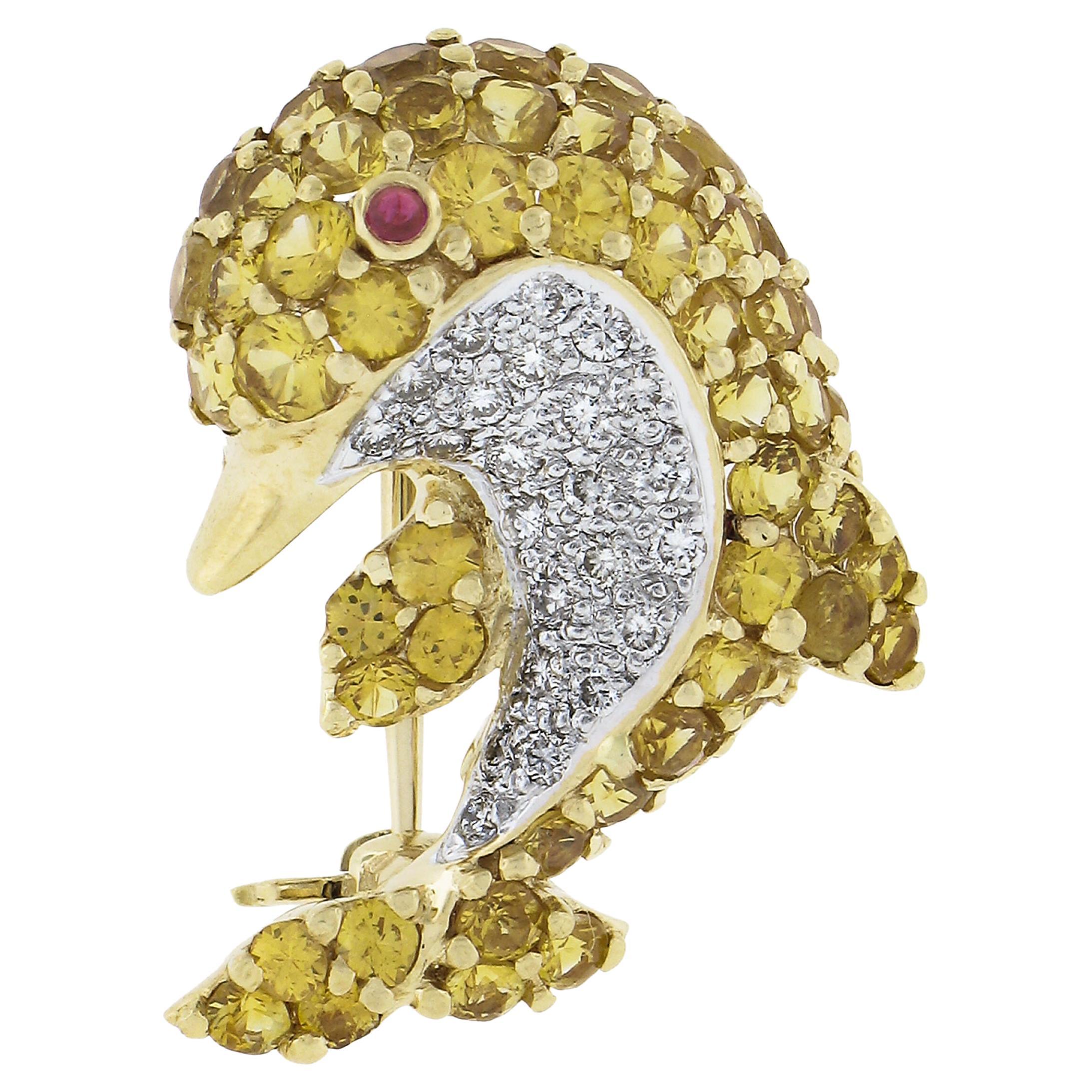 18k Yellow Gold Yellow Topaz Diamond Red Stone Cute Whimsical Dolphin Pin Brooch For Sale