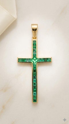 18K Yellow Gold Zambian Emerald Cross Pendant Natural Emerald Religious Pendant