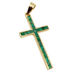 18K Yellow Gold Zambian Emerald Cross Pendant Natural Emerald Religious Pendant